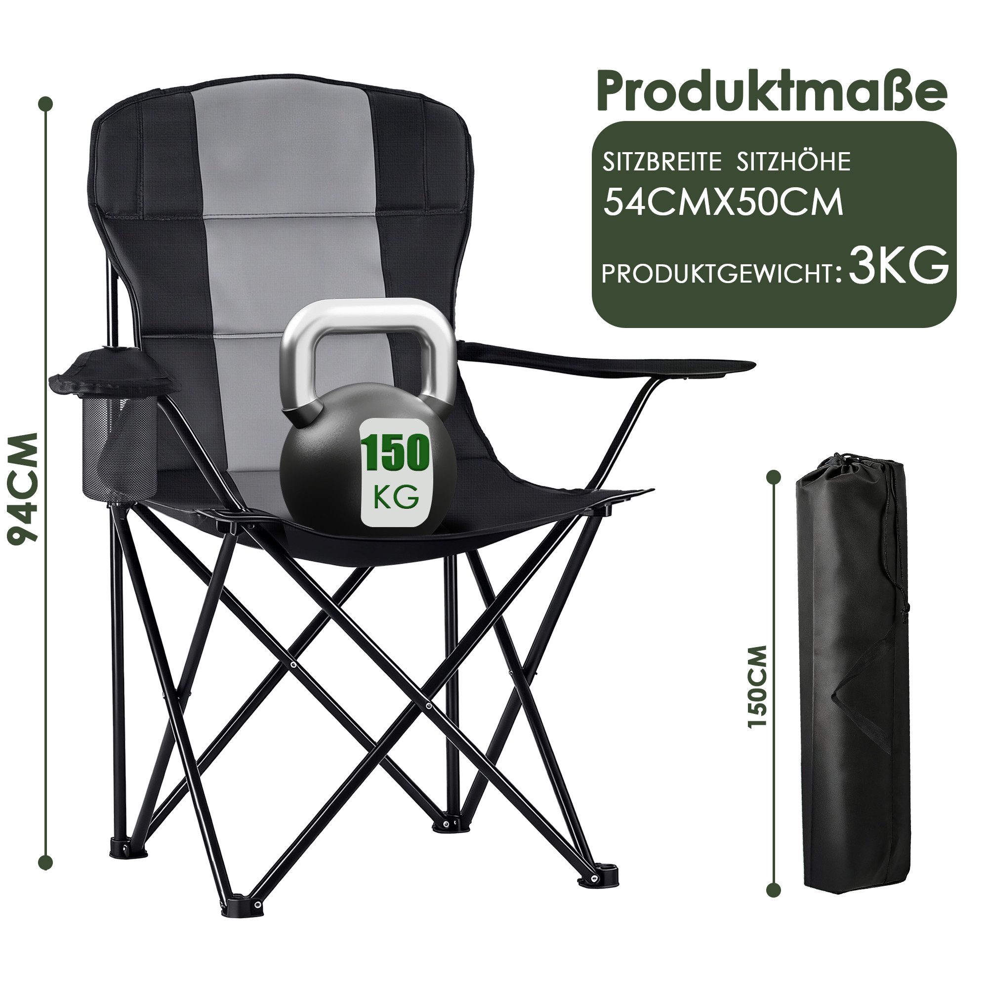 Lumkudos Campingstuhl Campingstuhl Faltbar, bis 150KG mit Getränkehalter Übergroß Faltstuhl (1 St), Klappbar Camping-Stühle für Camping Outdoor Balkon Garten
