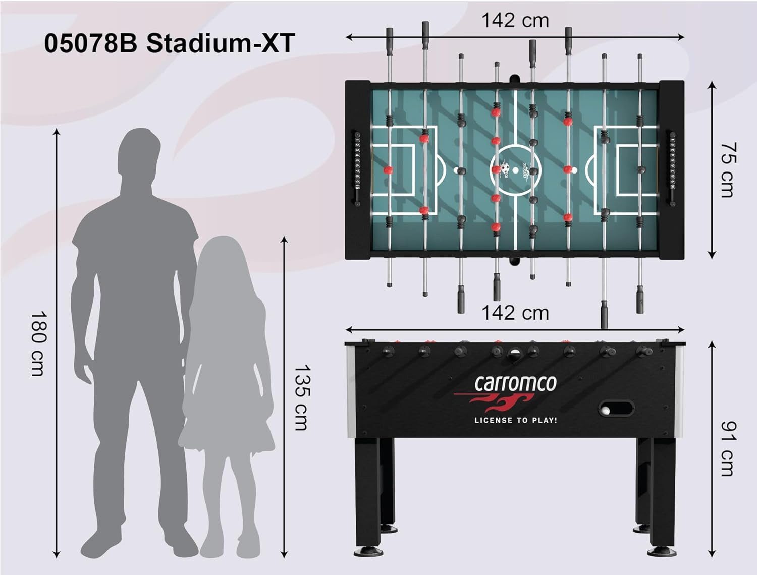 Carromco Kickertisch Stadium-XT - Profi Tischkicker für Erwachsene, 142x75x87,5 cm, Stabiler Korpus, Stahlstangen