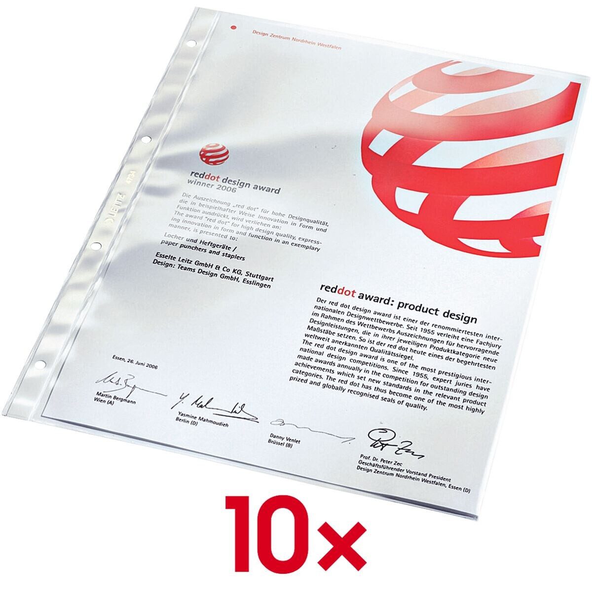 LEITZ Prospekthülle Premium 4734, 10 Stück, glasklar, Format A4, 4-fach-Lochung, oben offen