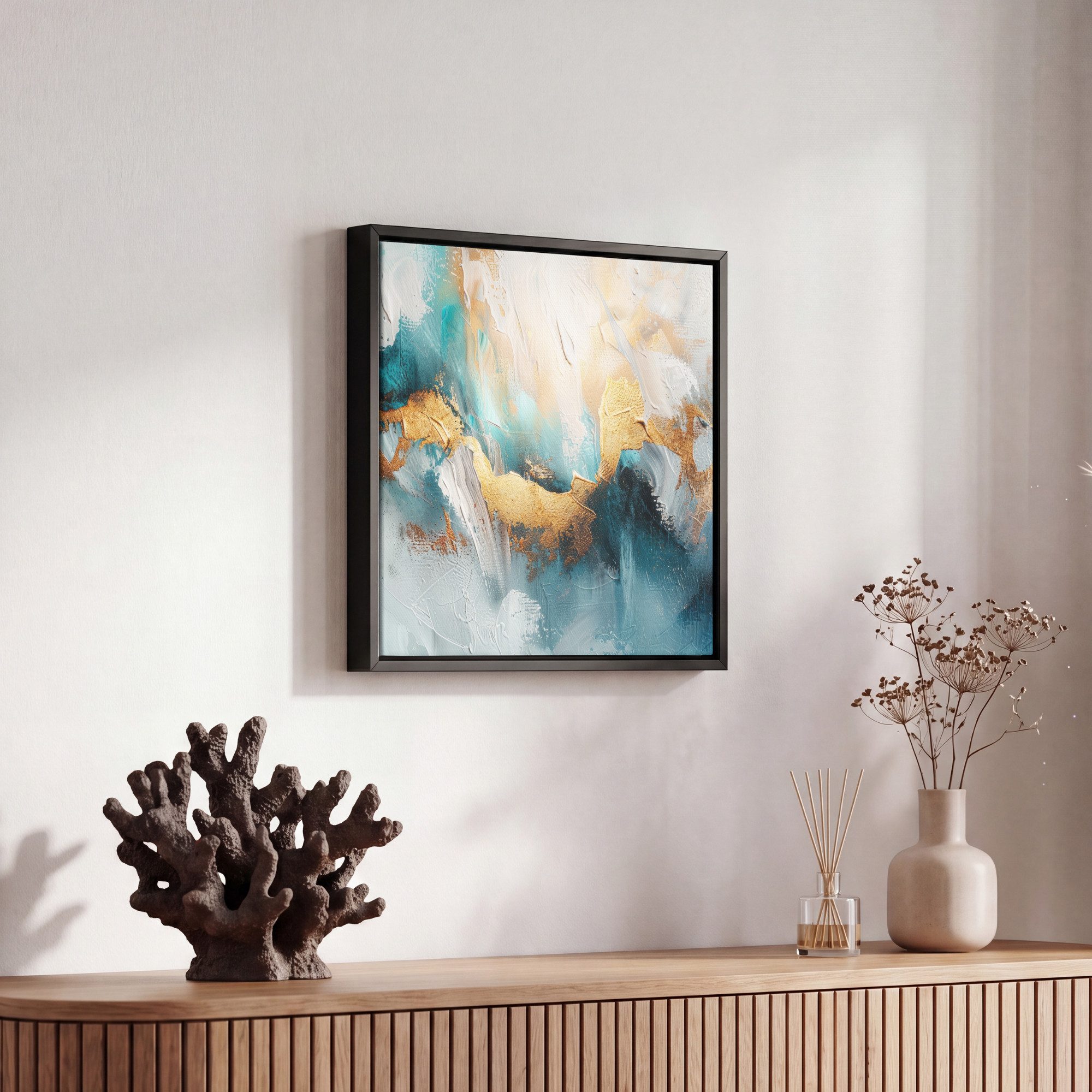 OneMillionCanvasses® Leinwandbild mit Rahmen - Abstrakt - Kunst - Gold - Blau, Fotodruck (1 St), Leinwand Bilder Klein, Wand Dekoration Aesthetic 20x20cm – Bild 5 von 5