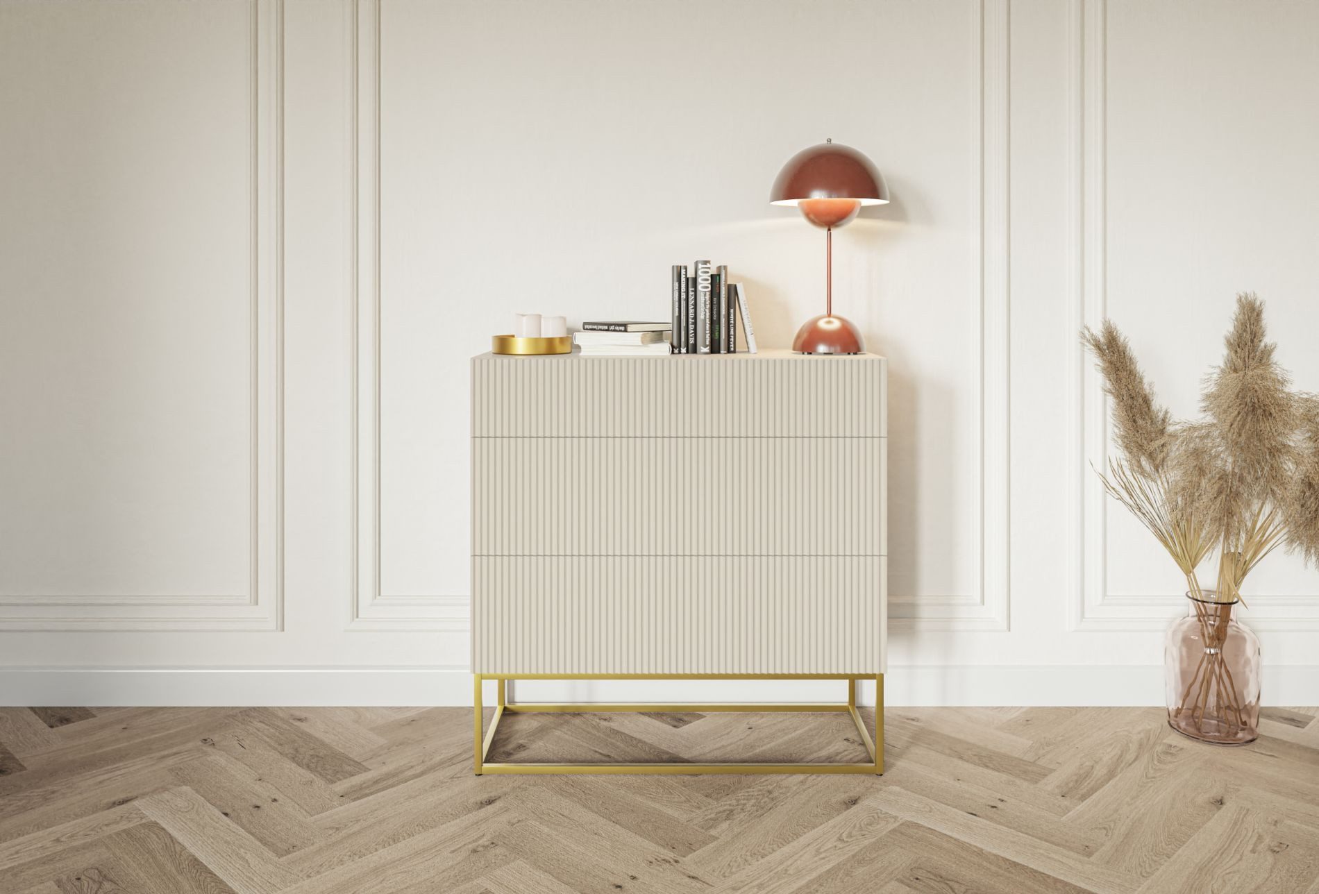 Selsey Kommode VELDIO, mit 3 Schubladen, Lamellenfront, Stahlbeinen, 90 cm breit