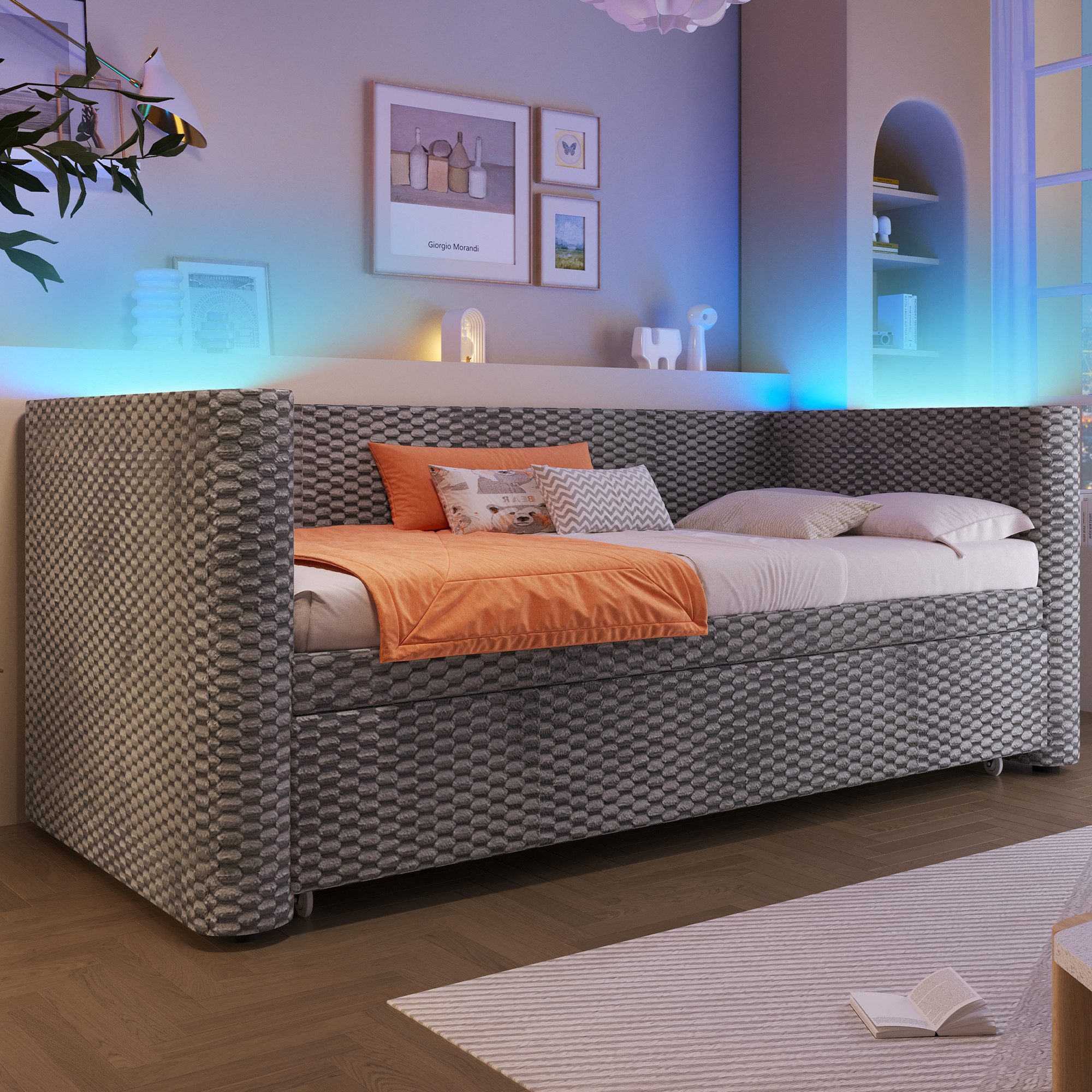 Merax Daybett 90×200cm/180x200cm mit LED-Lichtleiste & App-gesteuerter (Jugendbett Doppelbett Kinderbett, 1 tlg), Polsterbett Tagesbett Schlafsofa mit Ausziehbe – Bild 3 von 5