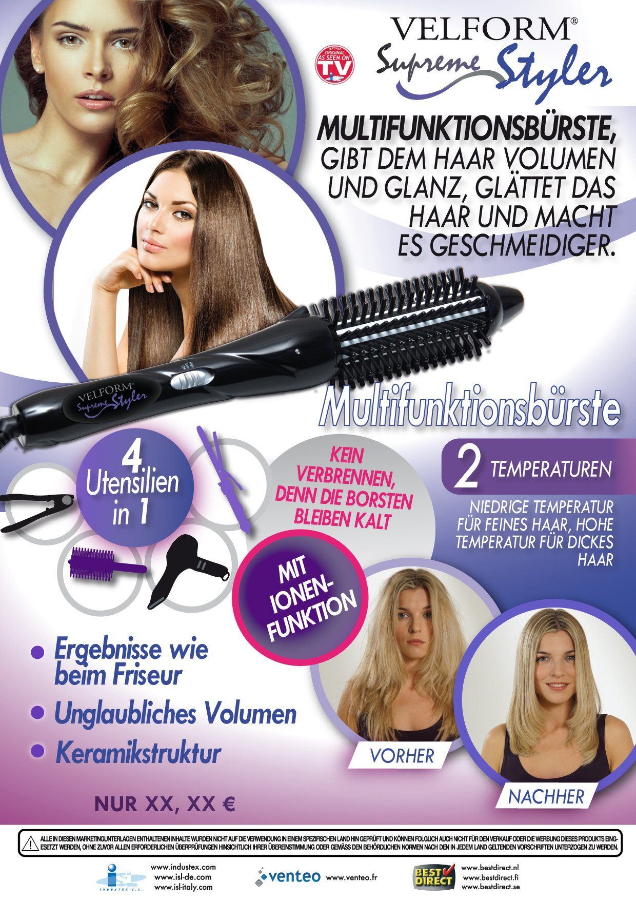 1 Multifunktions-Thermobürste 4 Velform®️ Supreme Styler, mit Ionen-Technologie Haarglättbürste Velform® in