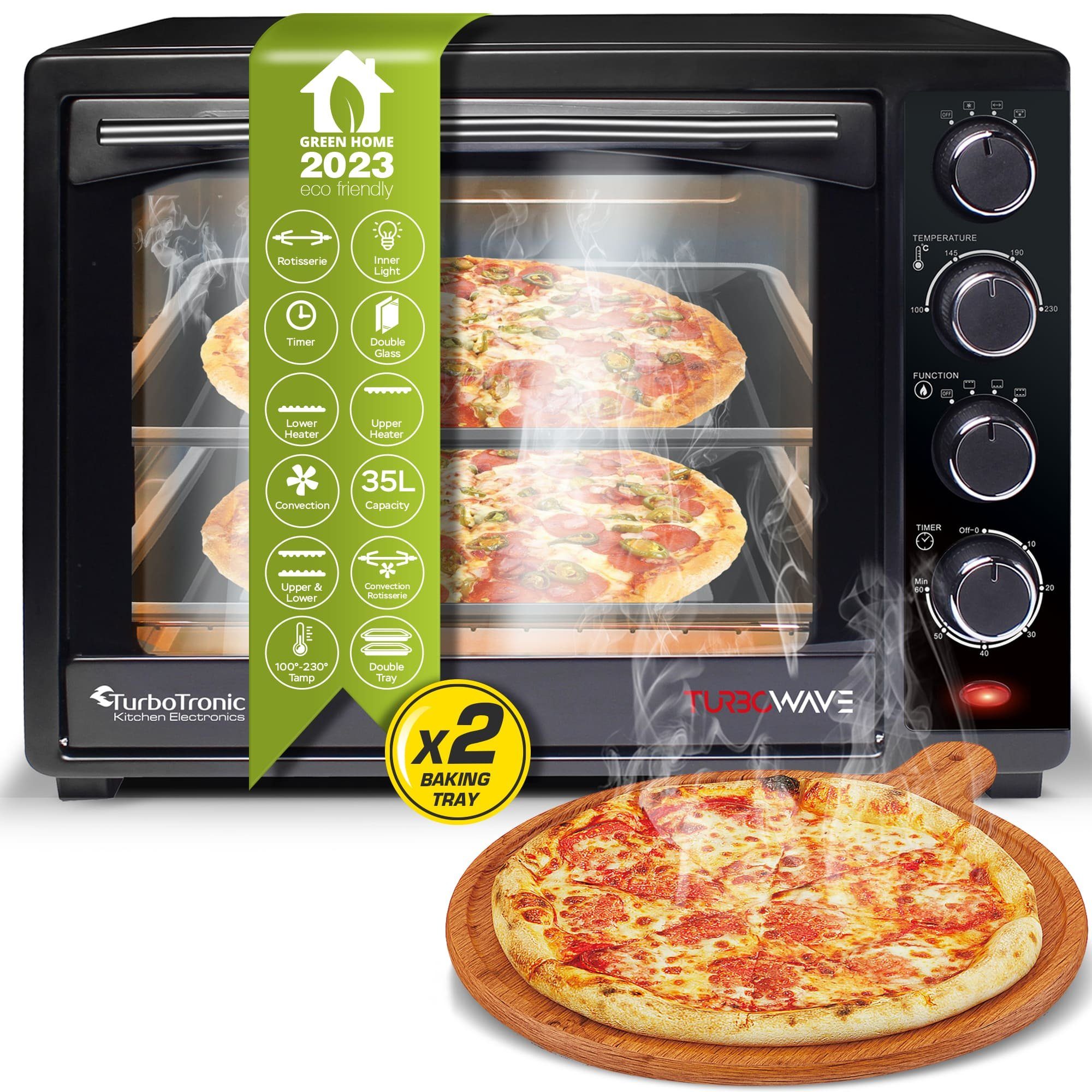 TurboTronic by Z-Line Minibackofen 35 Liter Schwarz, inkl. 1x Grillrost & 2x Backblech 1600W Camping, Pizzaofen 100-230°C Tischbackofen, mit Drehspieß