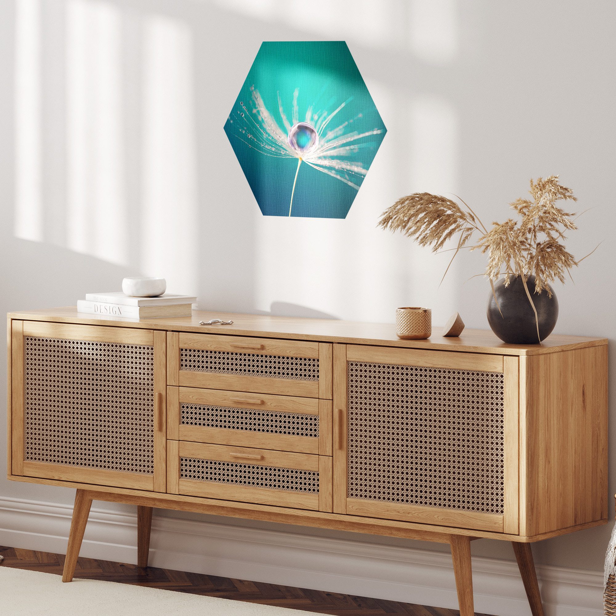 DEQORI Fototapete 'Samen mit Wassertropfen', Sechseckig, matte Leinwandstruktur, bedruckt, (1 St), selbstklebend Wandtattoo Motiv Wandtapete Wand Sticker Bild Tapete