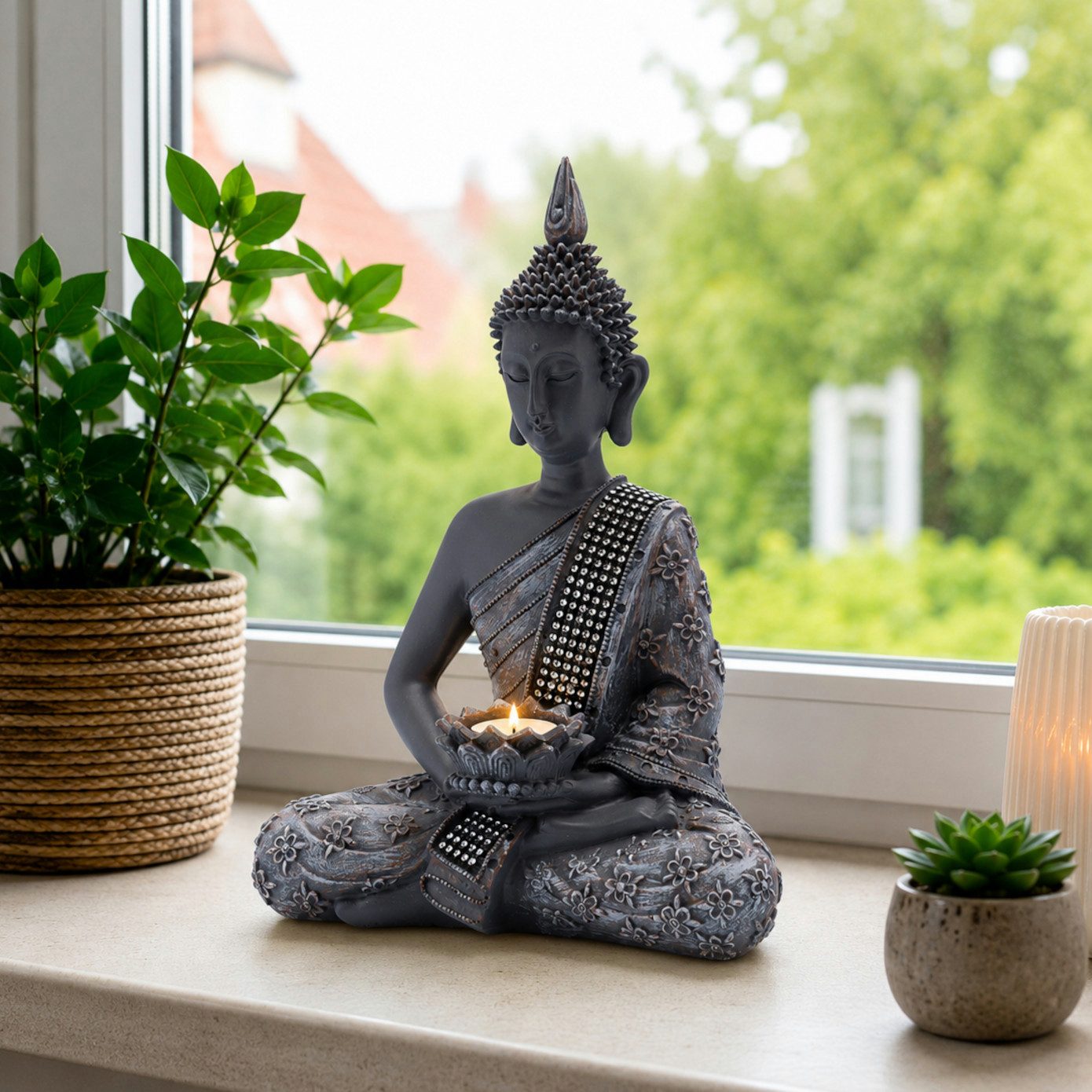 INtrenDU Buddhafigur sitzend, handbemalt mit Strass, 31 cm, Schale für ein Teelicht