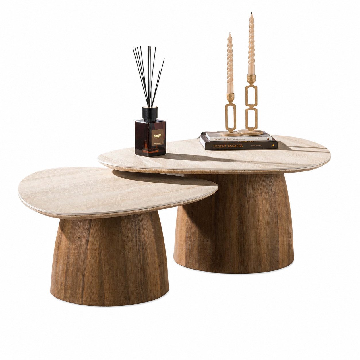 Maison ESTO Couchtisch SORANO 2er Set organisch Travertinoptik beige 3D Keramikplatte (2´er Set), Pflegeleichte hochwertige Keramikoberfläche