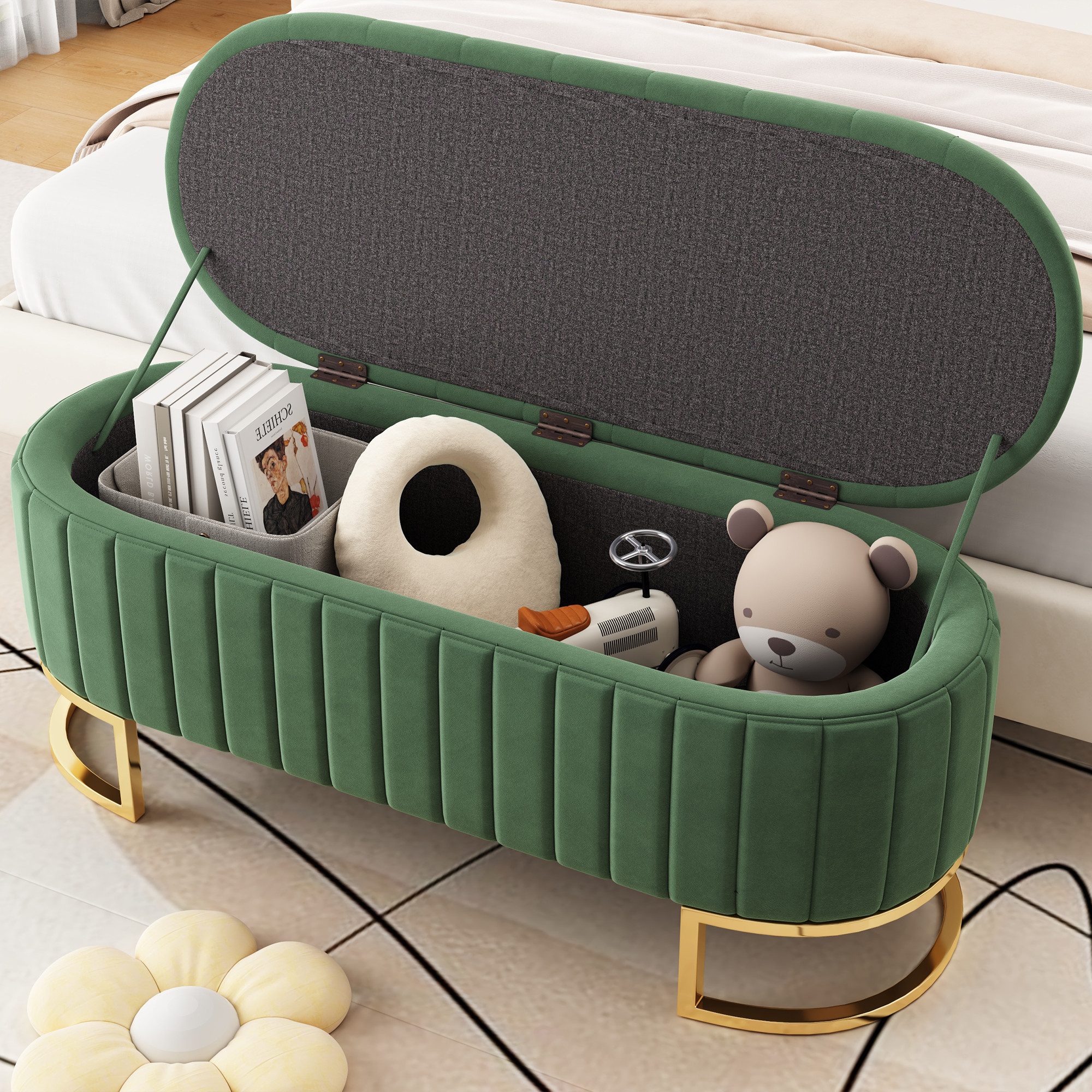 KLAM HOME Sitzhocker Stauraum-Fußbank 120 cm Beige Samtstoff (Gepolsterte Sitzbank mit verstecktem Stauraum), Multifunktional für Wohnzimmer, Schlafzimmer & Flur