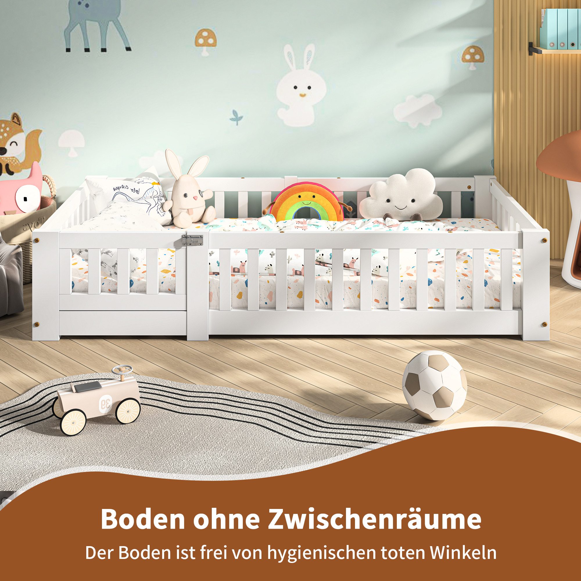 SEEZSSA Einzelbett Massivholzbett Holzbett Weiß Bodenbett mit Kopf und Fußteil Bett (120x200 cm Kinderbett Montessori Bett), mit Lattenrost und Rausfallschutz,Weiß-C