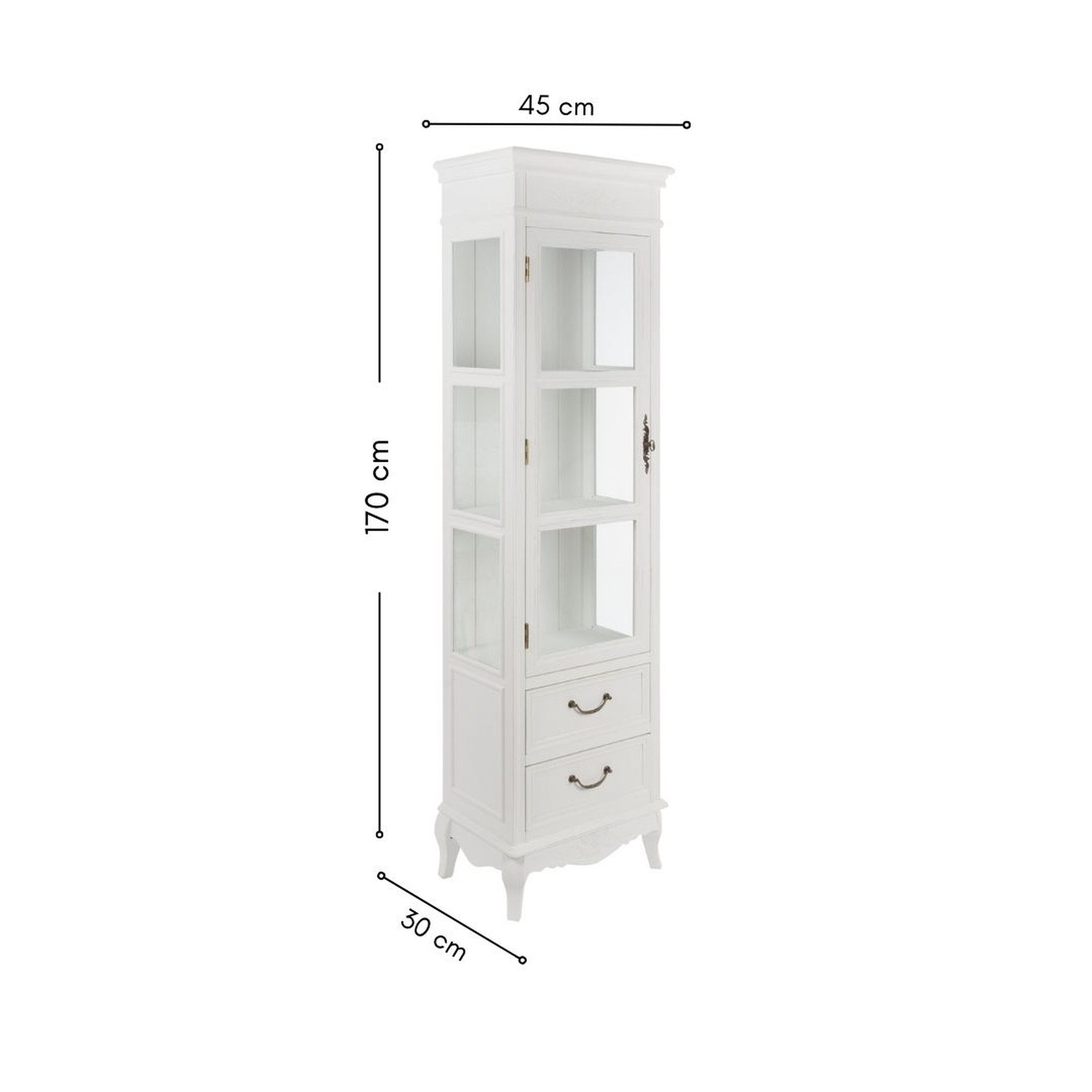 Wohnando Vitrine Schmaler Vitrinenschrank "Melody" im modernen Shabby Landhaus Mix 30x45x170 cm, elegant, für Deko und Aufbewahrung, Wohnzimmer
