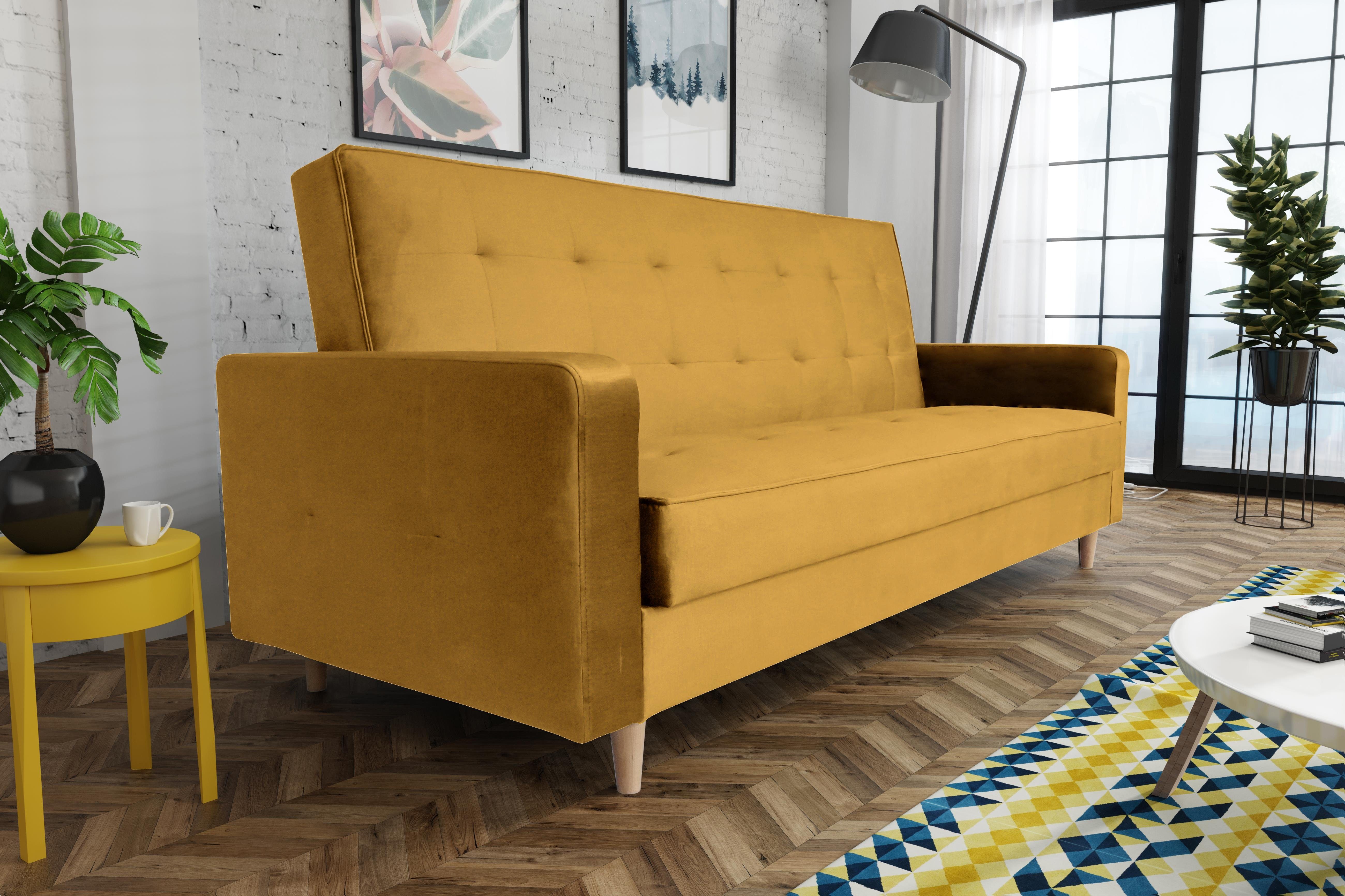 Beautysofa Schlafsofa Bamako, Sofa mit Schlaffunktion und Bettkasten, Polstersofa im skandinavischen Stil, Couch mit Holzbeine Senfgelb (kronos 01)