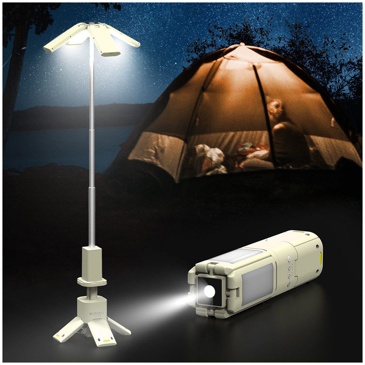 Rhein Beleuchtung LED Gartenleuchte Einziehbare Campingleuchte LED wiederaufladbar, Einstellbare Farbtemperatur, Fest integrierte LED-Beleuchtung, Warmes Licht, Warmweißes Licht, Weißes Licht, 6000 lm Laterne Outdoor mit Powerbank, Lichtmodi & SOS