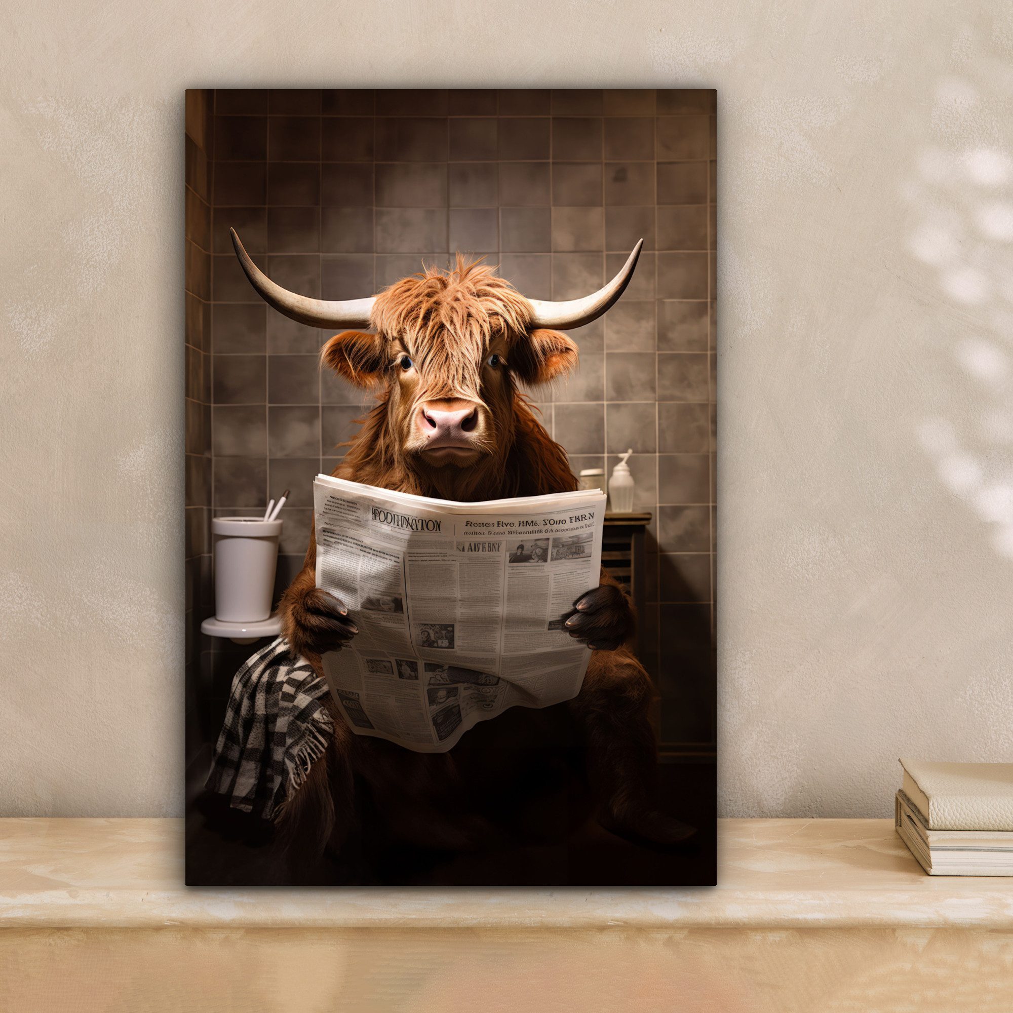 OneMillionCanvasses® Leinwandbild Schottische Highlander - Zeitung - Toilet günstig online kaufen