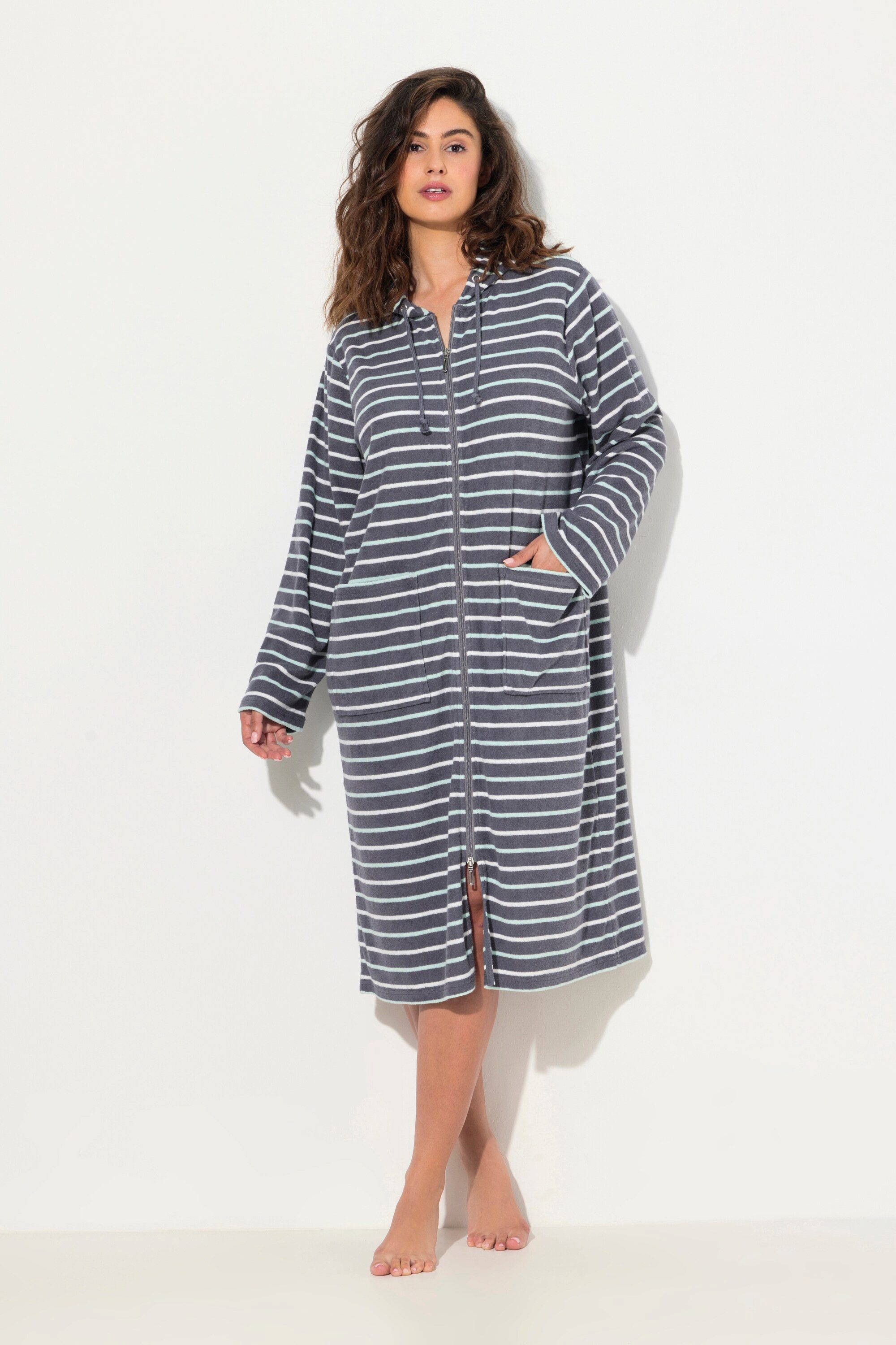 Ulla Popken Bademantel Bademantel Streifen 2-Wege-Zipper günstig online kaufen