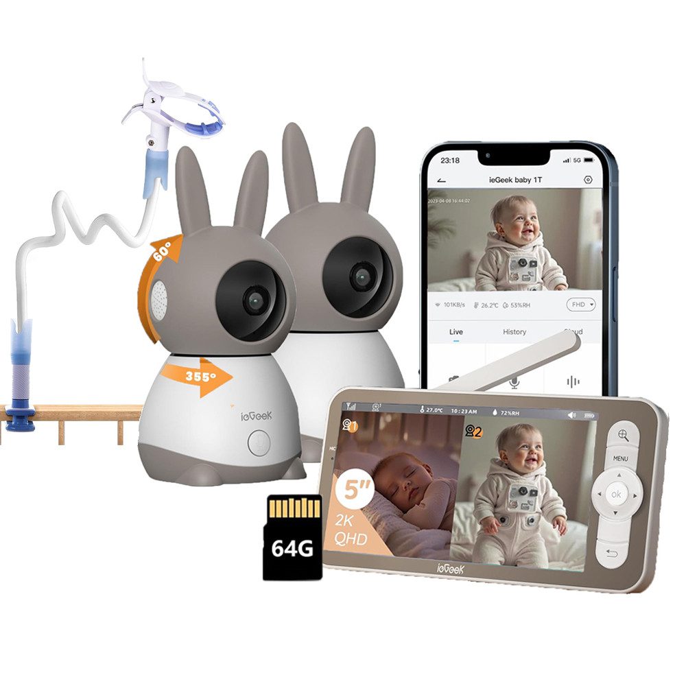 Video-Babyphone Babyphone mit 2 Kameras App, Split-Screen, 2K/3MP Bild PTZ 355°