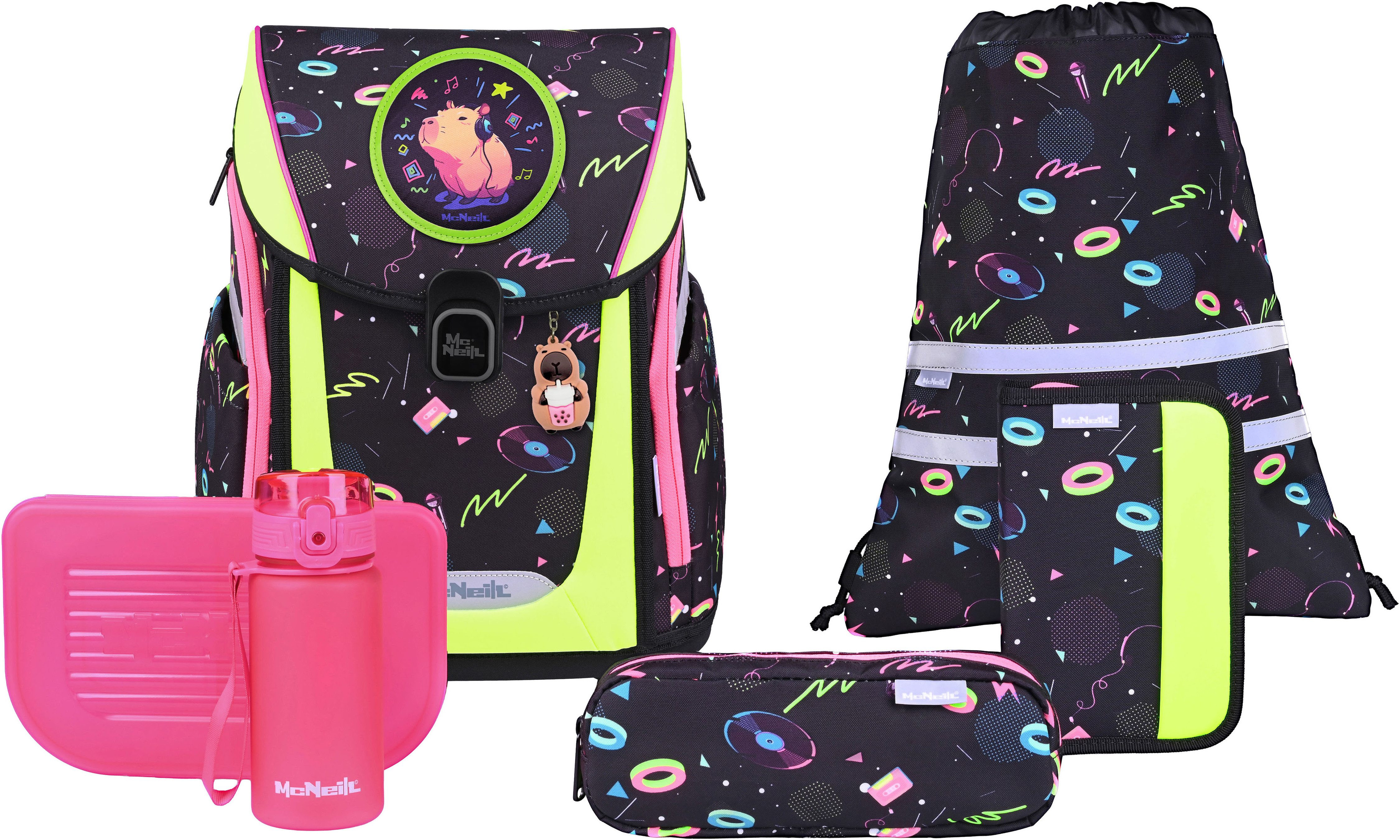 McNeill Schulranzen Primo, inkl. Etui, Turnbeutel, (Set, 9-tlg., Schlamperrolle, Trinkflasche, Lunchbox, 2 Magnete & 1 Anhänger)