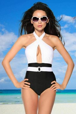 Samegame Monokini Vintage-Monokini mit Gürtel gepaddet Retro Neckholder Badeanzug schwarz weiß