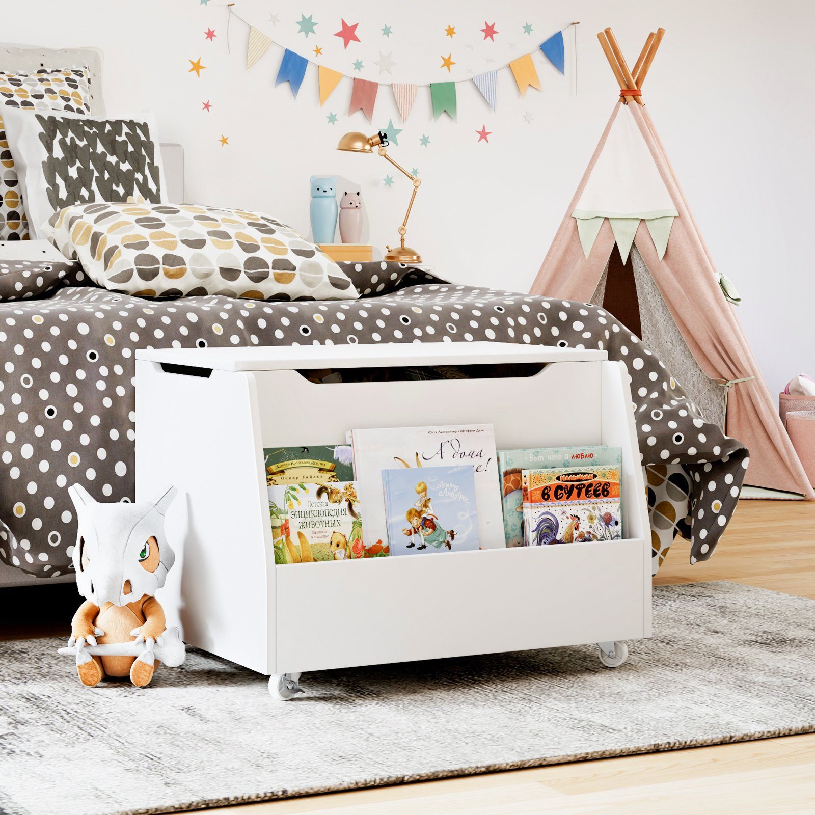 HOMECHO Spielzeugtruhe, Holz Sitzbank Stauraum auf Rädern Aufbewahrungstruhe