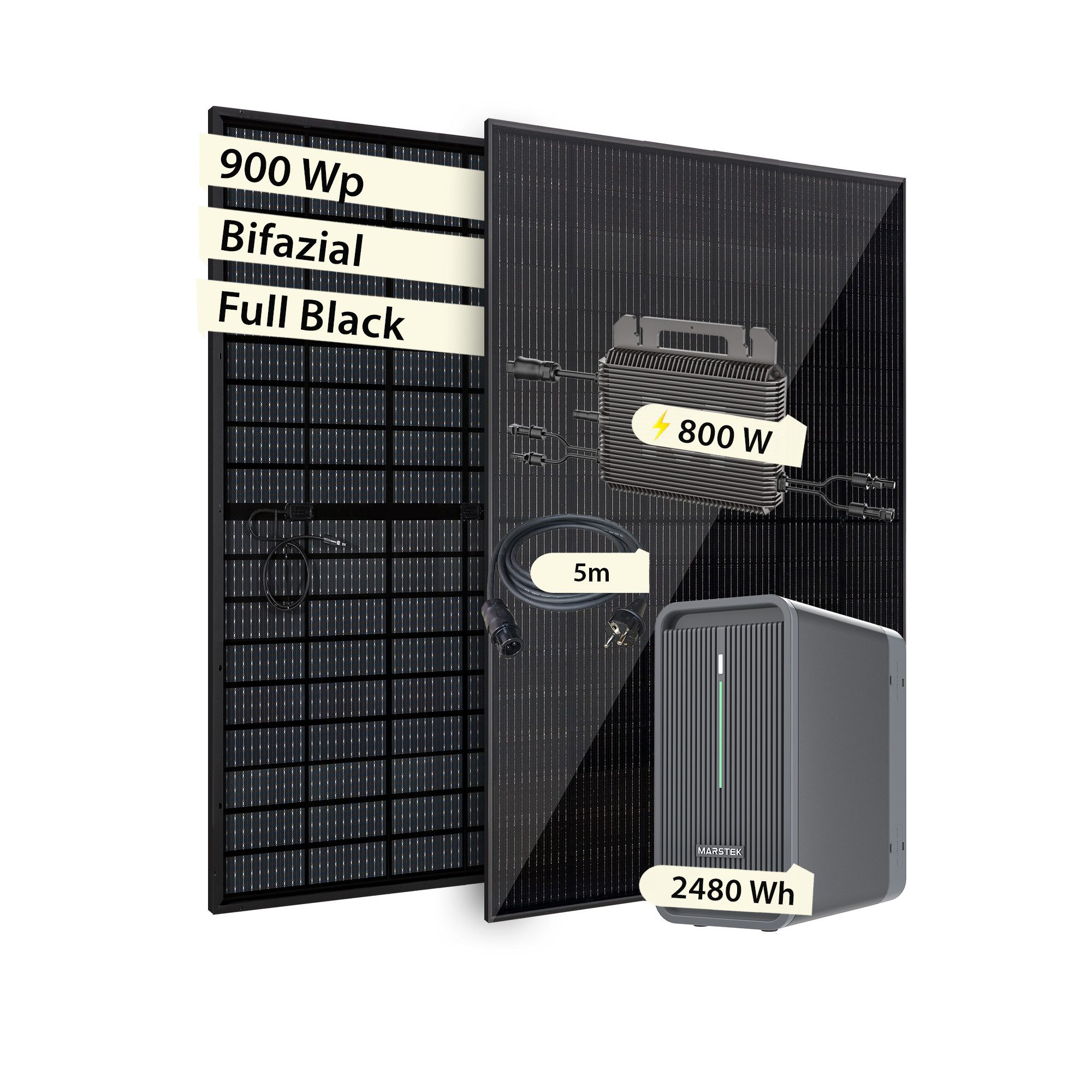 VALE Balkonkraftwerk Kompaktes Solaranlage Set Bifazial mit Speicher & Wechselrichter, (im Set mit Marstek Speicher & Wechselrichter, Full Black, 880-920 Wp), Plug&Play, BKW, Solarmodul, Photovoltaik Set, Wifi, App-Steuerung