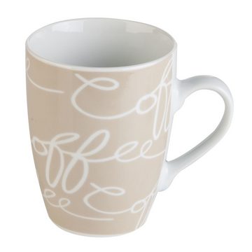 Home4You Tasse Kaffeetasse, H 10 cm, Beige, Weiß, Porzellan, mit weißem Schriftzug