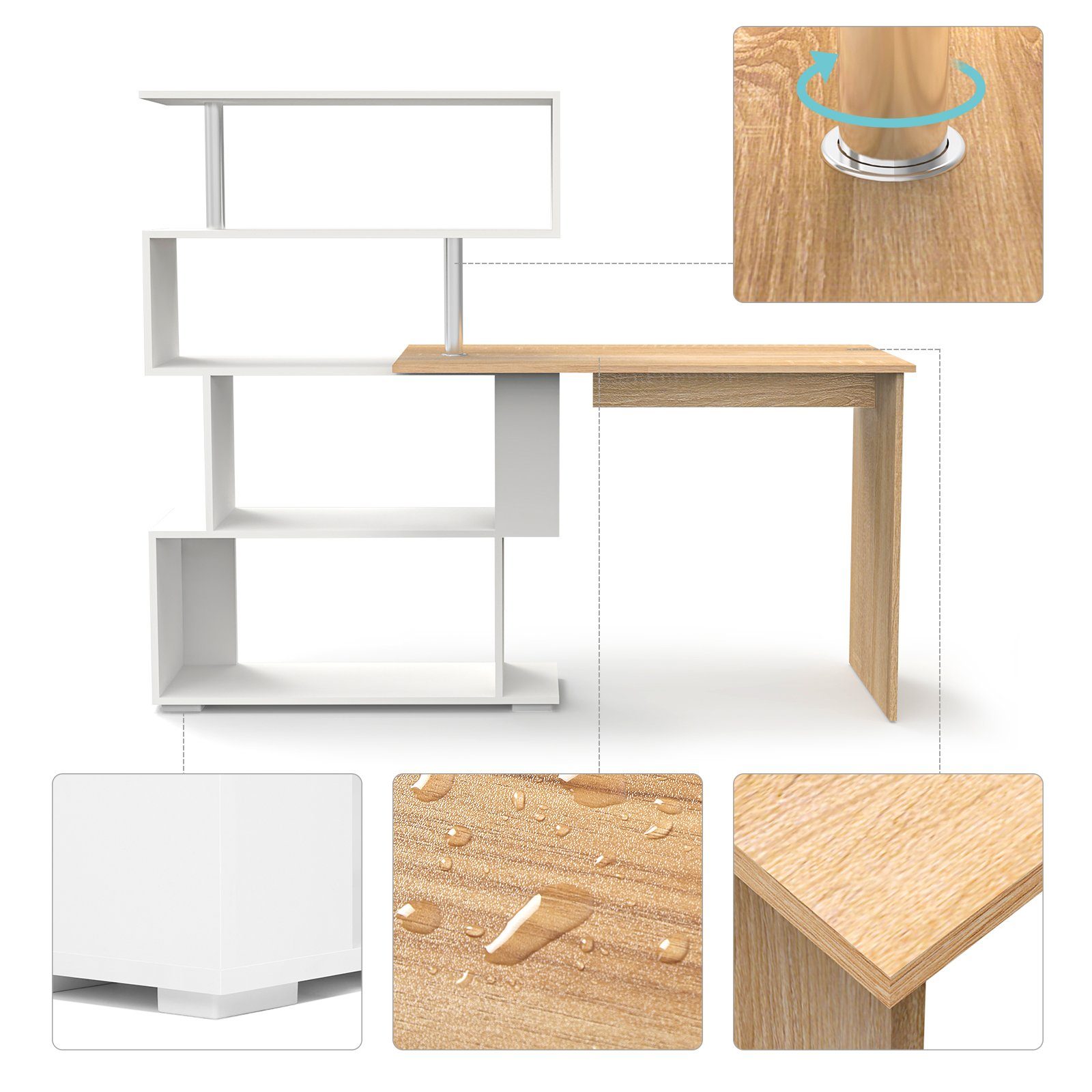 Mondeer Eckschreibtisch Schreibtisch, mit 360 Grad Drehbarem Bücherregal 157 x 45 x 130,5 cm