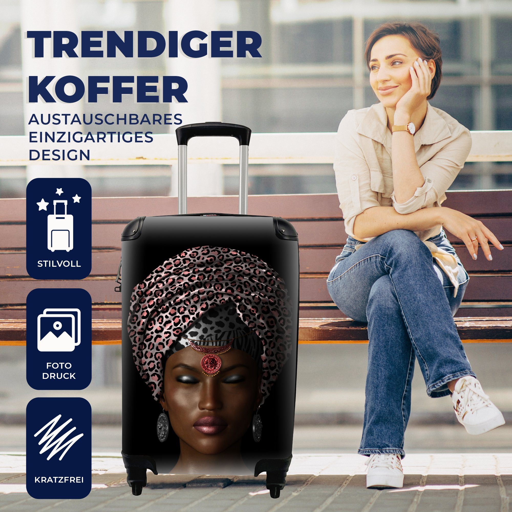 Trolley, Frau Kopftuch, Ferien, rollen, mit für Handgepäck - - Reisekoffer Reisetasche MuchoWow Handgepäckkoffer Farben Rollen, 4