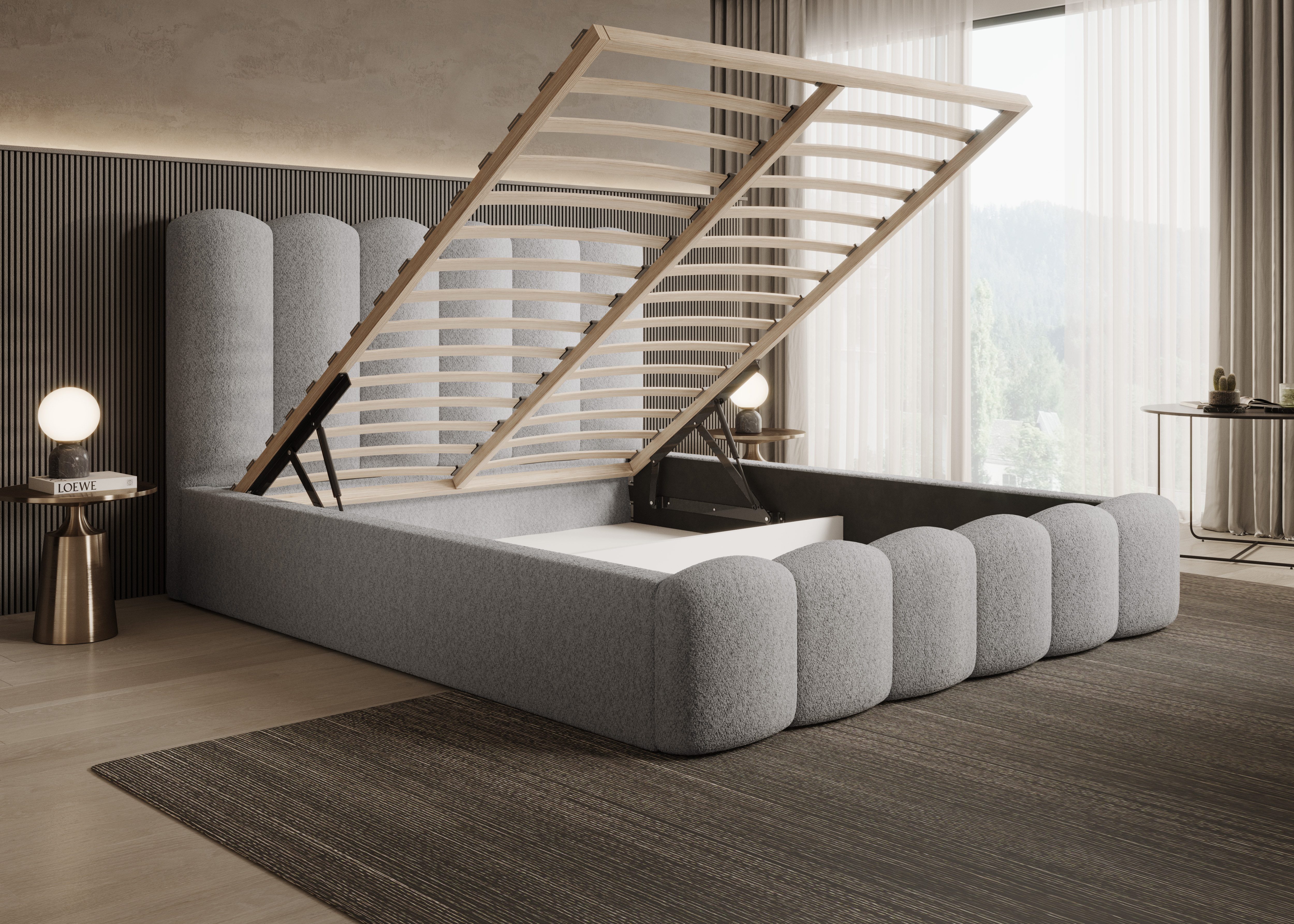 Goldstoff Polsterbett LOFT - Wolkenbett mit hohem Kopfteil (Doppelbett- verfügbar 140x200 160x200 180x200 200x200cm, Stauraumbett - Designerbett mit Bettkasten zum aufklappen), Erhältlich in 4 Größen - Modern & Elegant