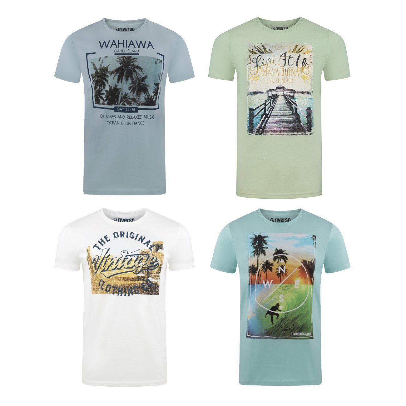 riverso T-Shirt Herren Printshirt RIVLukas 4er Pack Regular Fit (Vorteilspack, 4-tlg) Kurzarm Tee Shirt mit Rundhalsausschnitt aus 100% Baumwolle