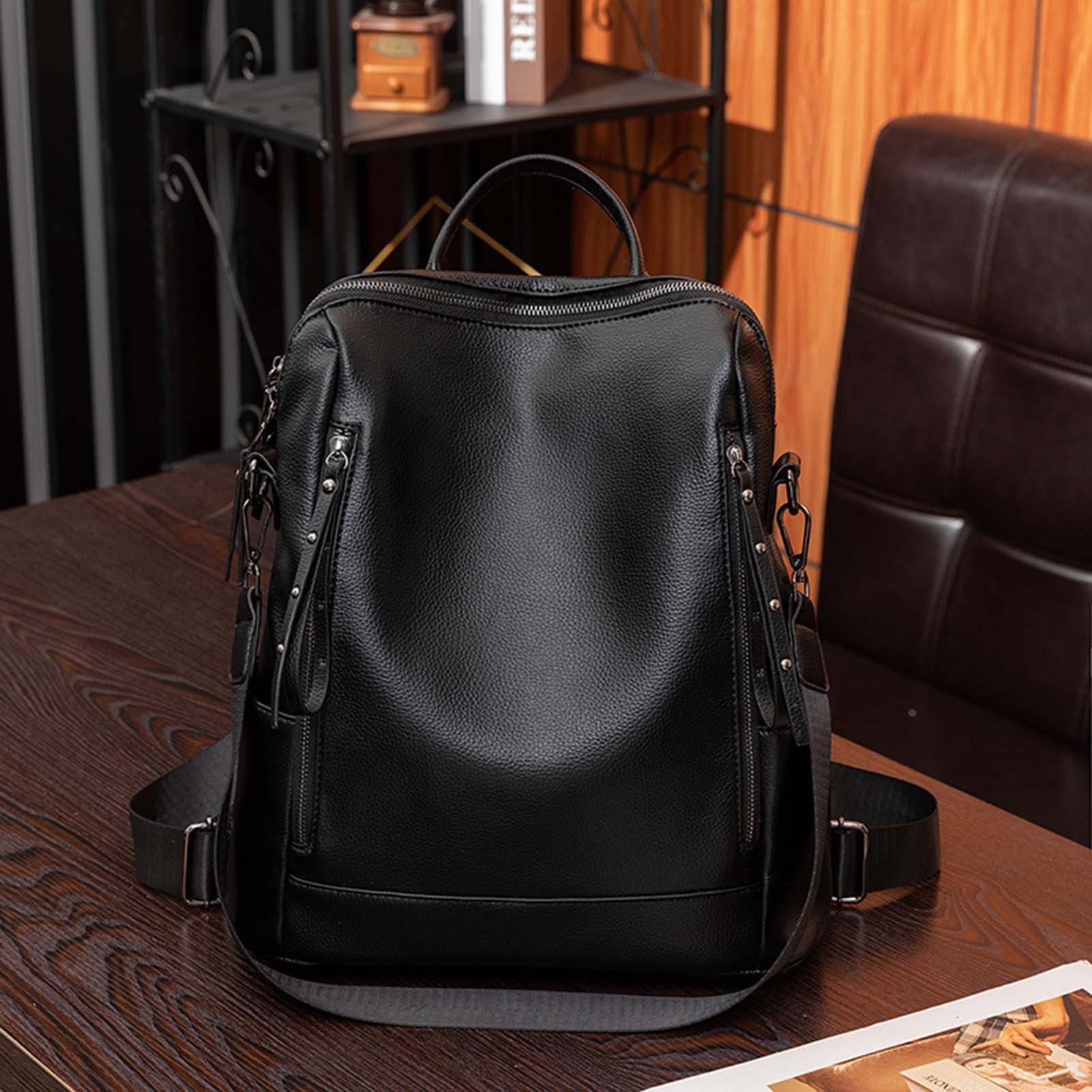 Blusmart Rucksack Retro-Damenrucksack, Weiche PU-Leder-Reißverschluss-Umhängetasche black | Rucksäcke