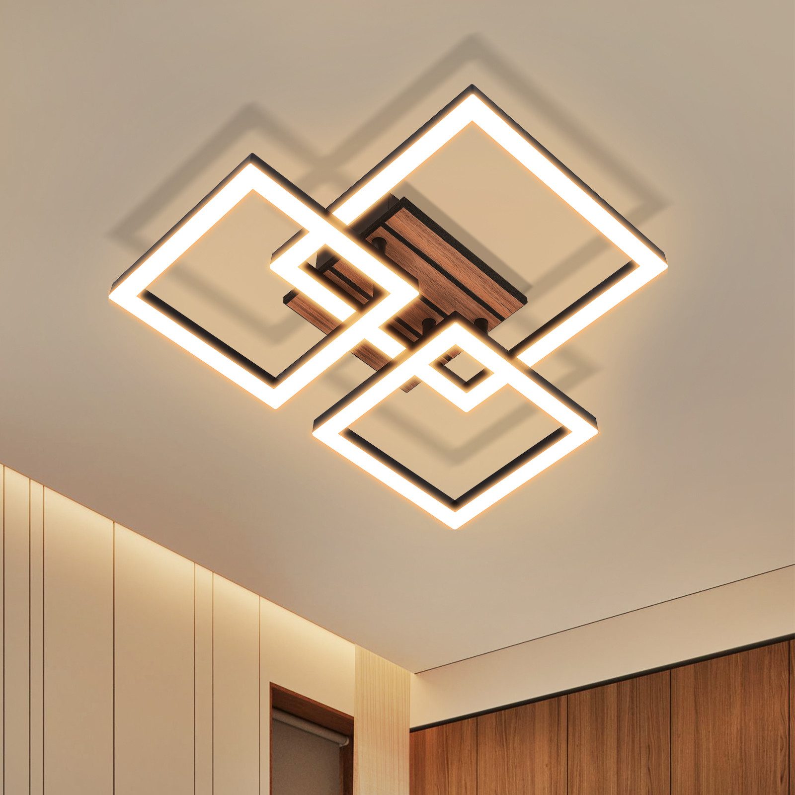ZMH Deckenleuchte LED Warmweiß 21W Quadrate Holz Deckenlampe für Schlafzimmer & Flur, LED fest integriert, Warmweiß, Die Leuchte eignet sich für Räume von 8-15 Quadratmetern.
