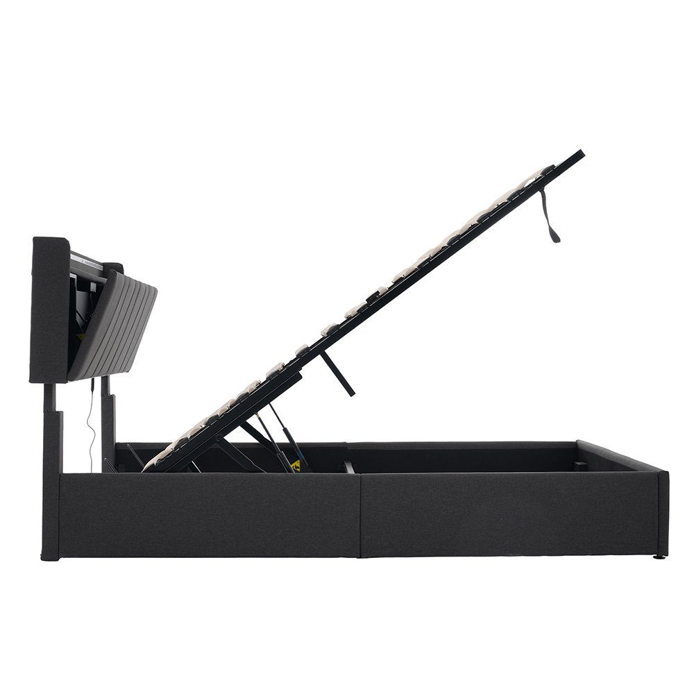 Polsterbett (160 x 200 cm Hydraulisches Bett mit Lattenrost), Dopplebett mit LED-Beleuchtung, USB Ladefunktion & Stauraumkopfteil