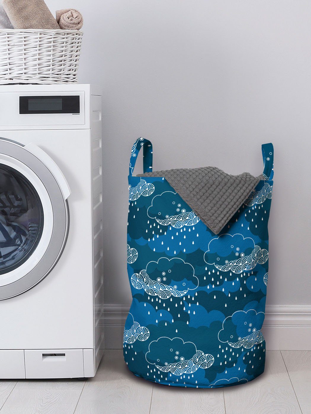 Abakuhaus Wäschesäckchen Wäschekorb mit Blau Kordelzugverschluss Griffen Regen-Wolken-Grafik und Waschsalons, für weiß