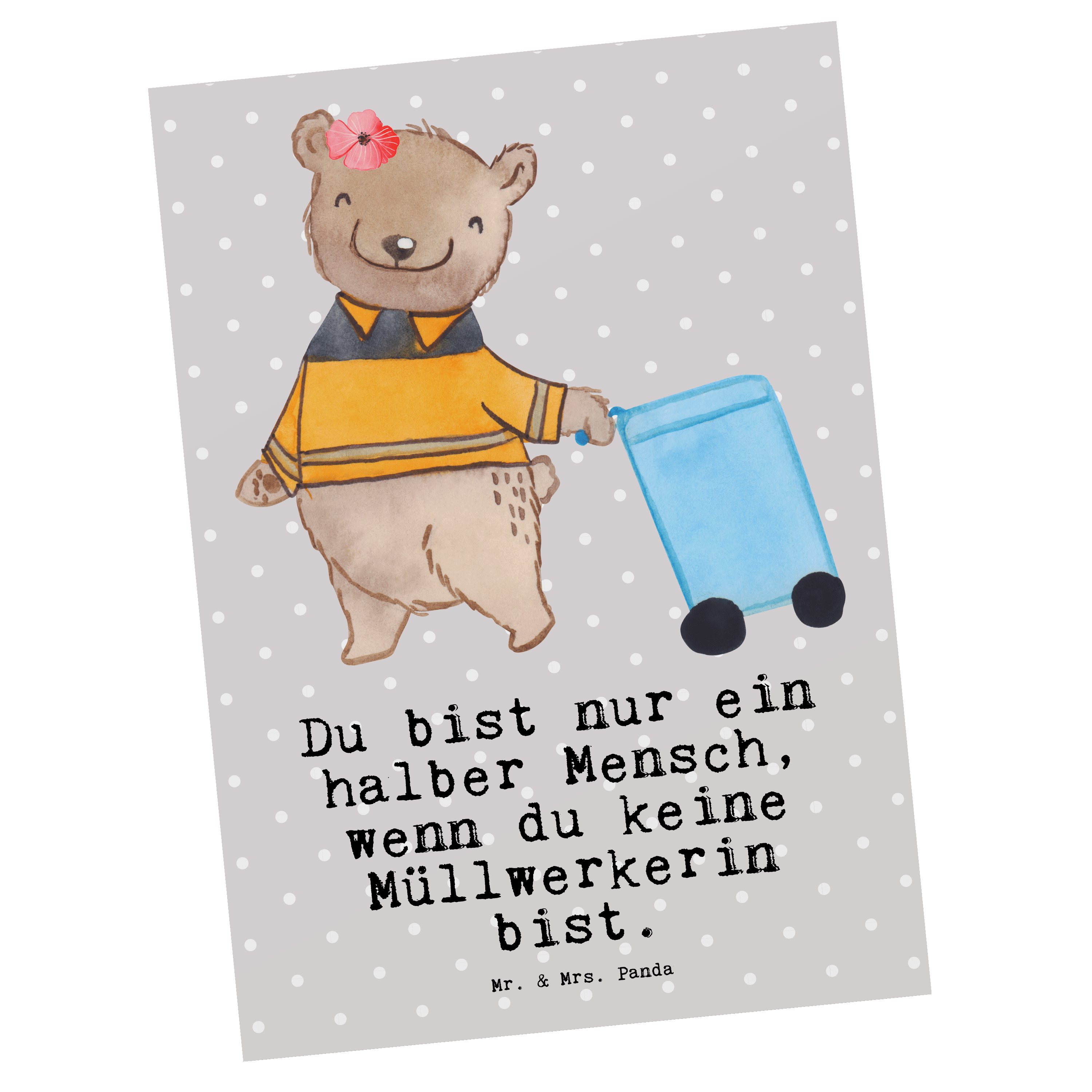 Mr. & Mrs. Einladung, Postkarte Müllwerkerin mit - Geschenk, Pastell Herz Grau Panda - Müllentso