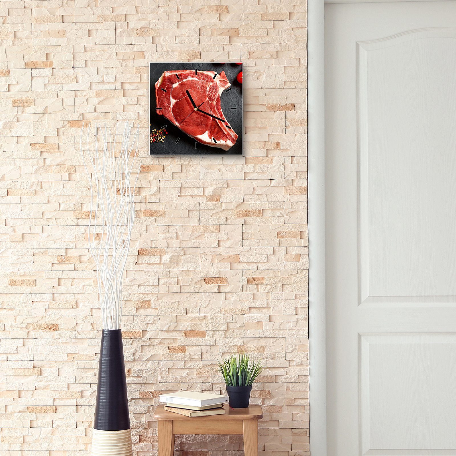 Primedeco Wanduhr Glasuhr Wanduhr x Steak Wandkunst 30 mit Rohes Größe cm 30 Motiv