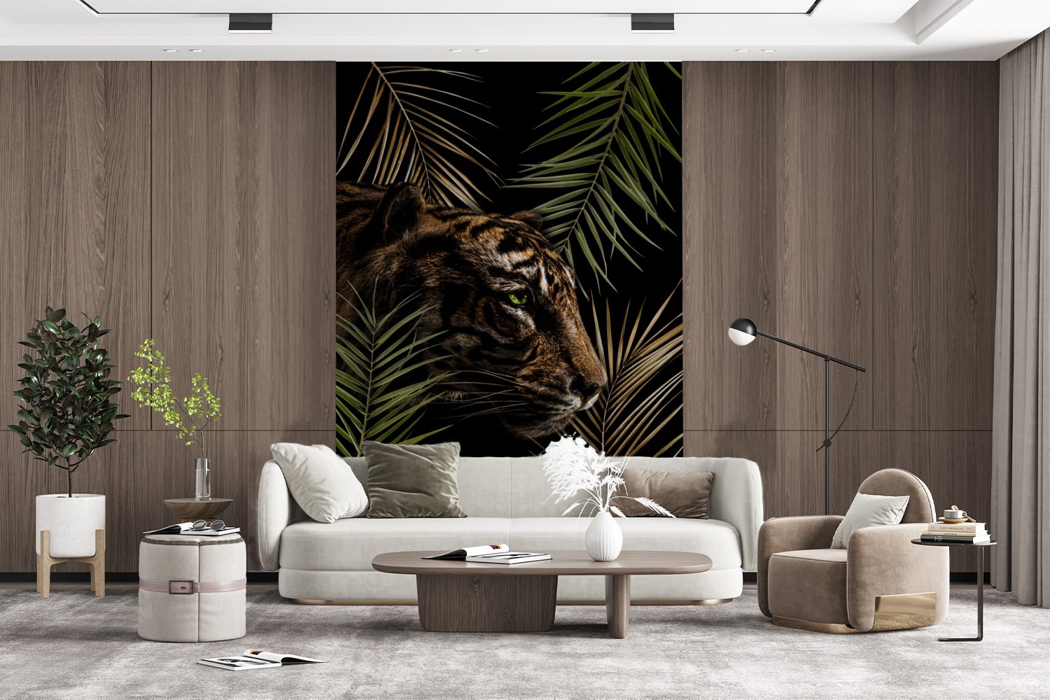 MuchoWow Fototapete Tiger - Pflanzen (3 St), Tapete - Wohnzimmer, Wandtapete Palme, Montagefertig für Vinyl Matt, bedruckt