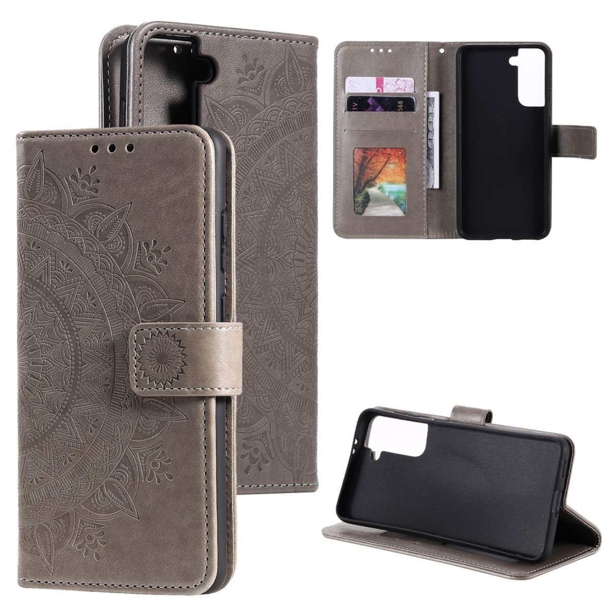 CoverKingz Handyhülle Hülle für Samsung Galaxy S21 Handyhülle Flip Case Cover Schutzhülle 15,2 cm (6 Zoll), Klapphülle Schutzhülle mit Kartenfach Schutztasche Motiv Mandala