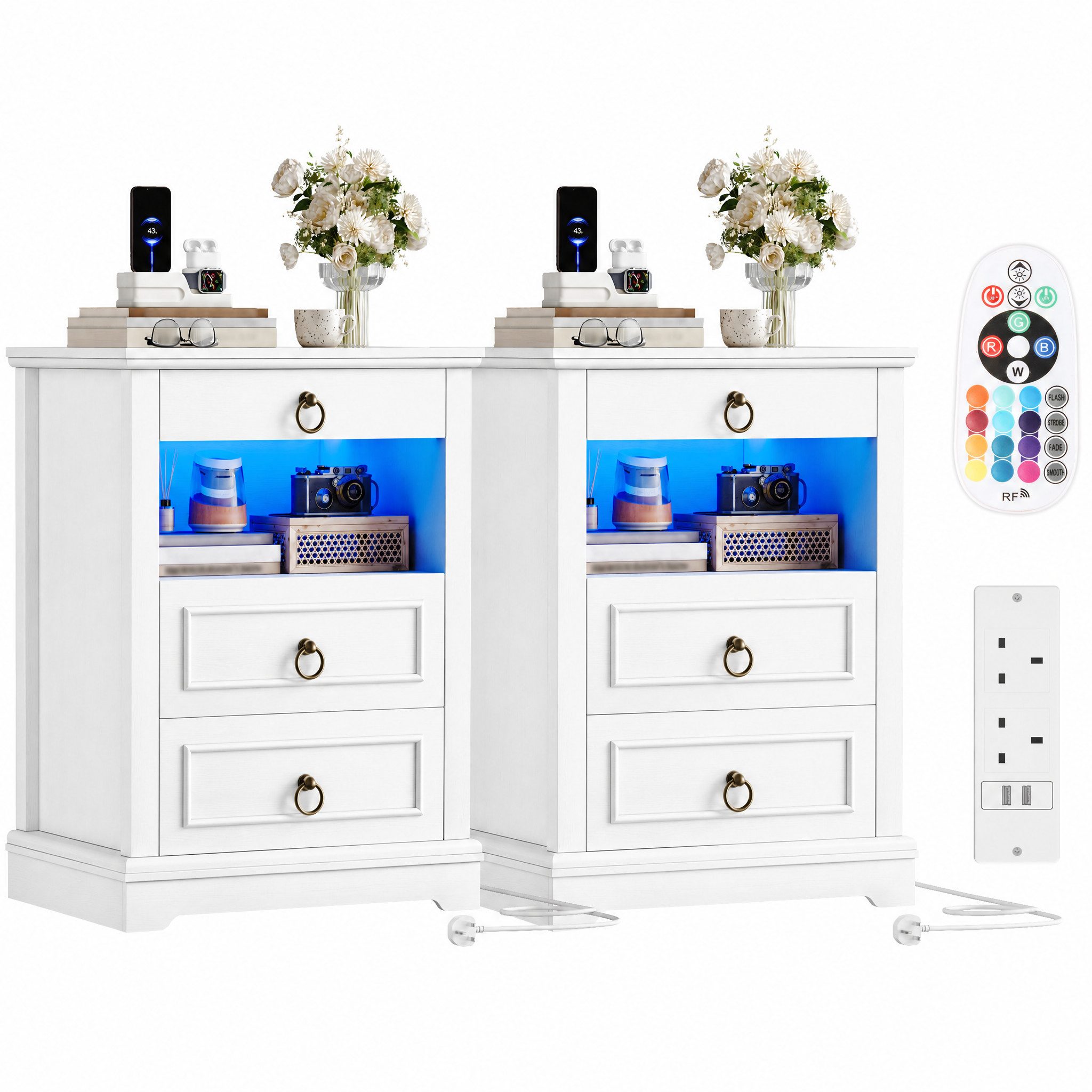 HOMECHO Nachttisch, mit LED, Steckdose & 3 Schubladen 1 Piece or 2 set, Weiß/Schwarz