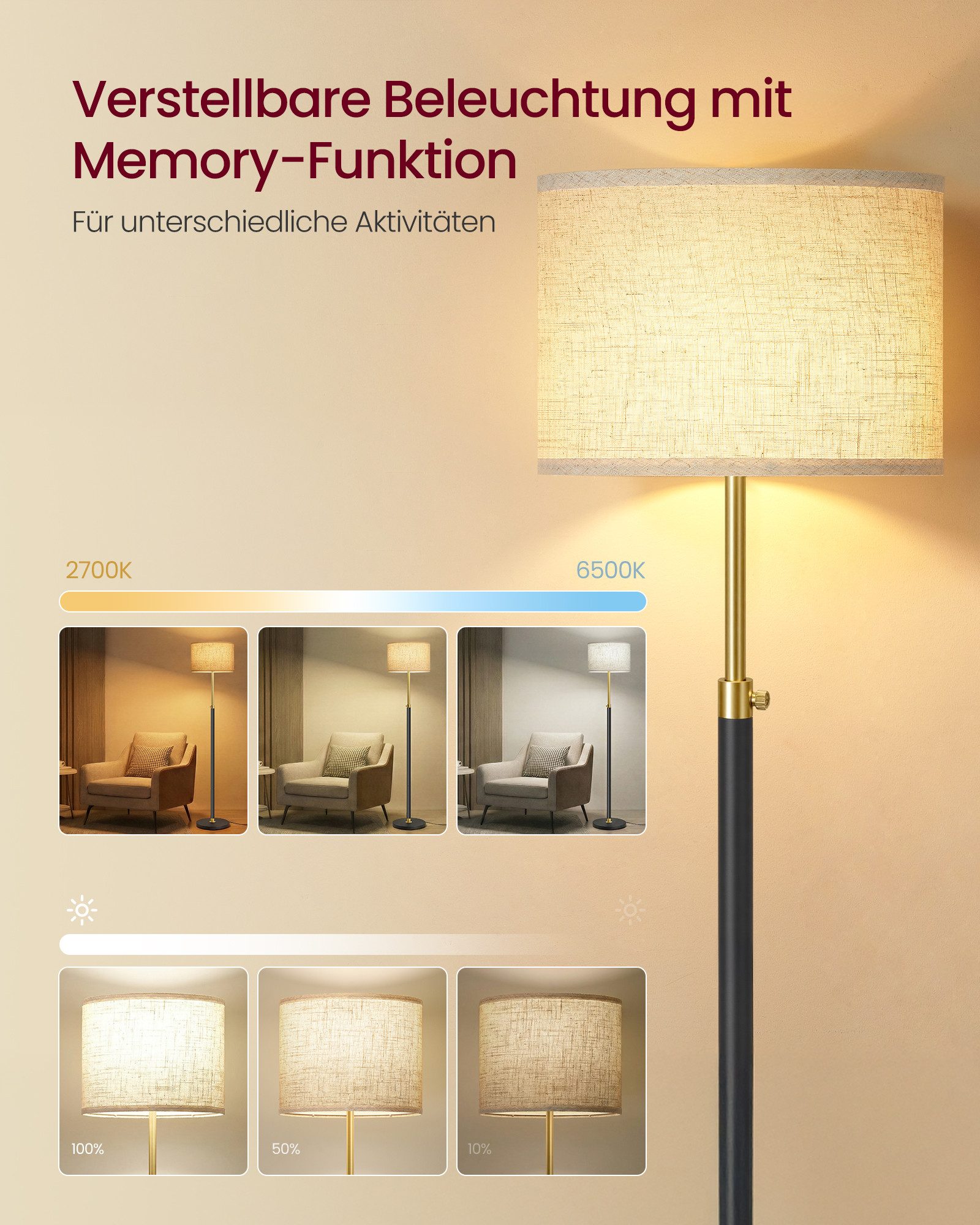 VASAGLE Stehlampe höhenverstellbare Leselampe, 140-170 cm hoch, mit Fernbedienung, Memory-Funktion, Fußtaster, Lampenschirm aus Stoff