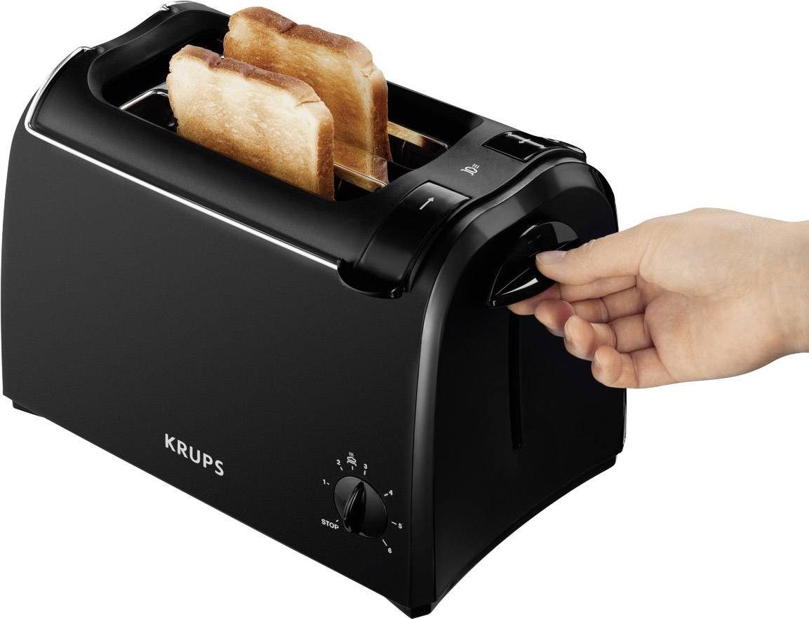 Krups Toaster ProAroma Schlitze, kurze 6 1518, 700 700W, für Scheiben, 2 2 Brötchenaufsatz, W, KH schwarz, 2 Scheiben, Krümelschublade