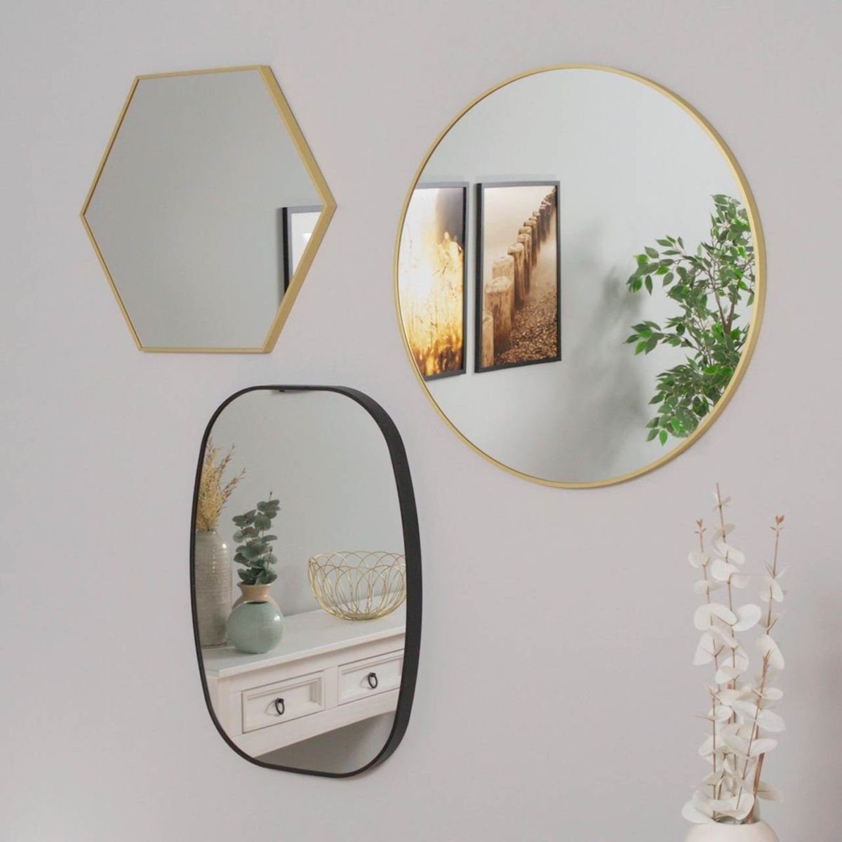 PHOTOLINI Spiegel mit Metallrahmen, Wandspiegel halbrund, cm Rahmen 50x75 schmaler Schwarz