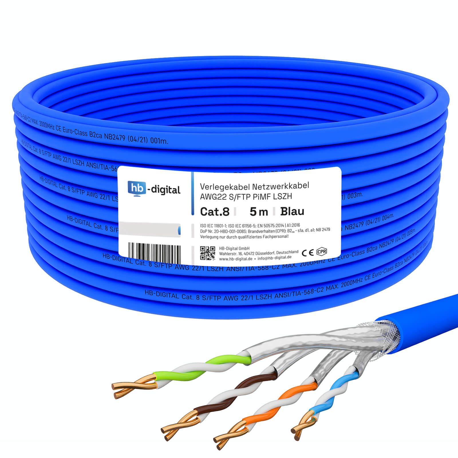 HB-DIGITAL Verlegekabel,Netzwerkkabel CAT.8 Blau 5m Netzwerkkabel, Netzwerkstecker, (500 cm), Brandschutzklasse BauPVO: B2ca s1a d1 a1