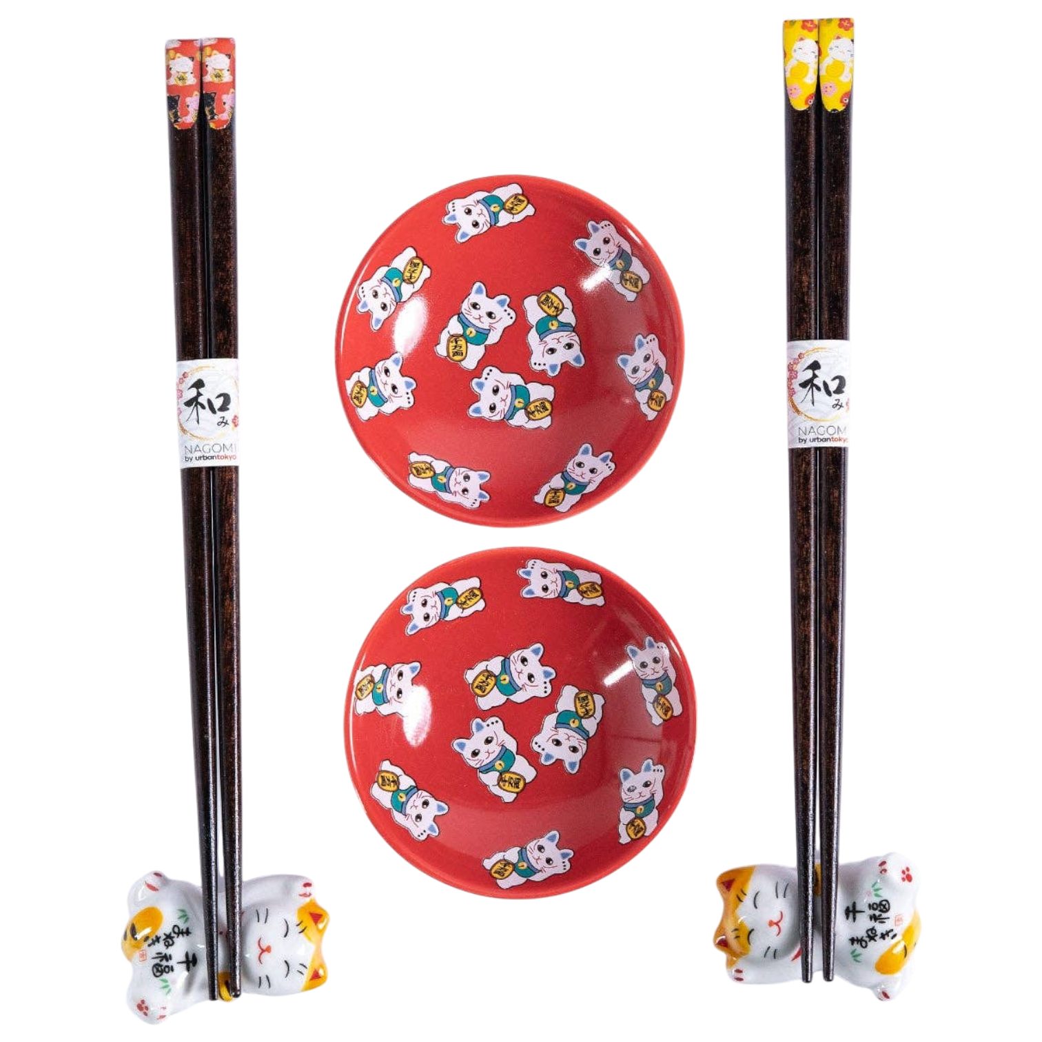 Dark-Desires Essstäbchen Lucky Cats 2 Paar Essstäbchen aus Holz mit Halter Kawaii Glückskatze