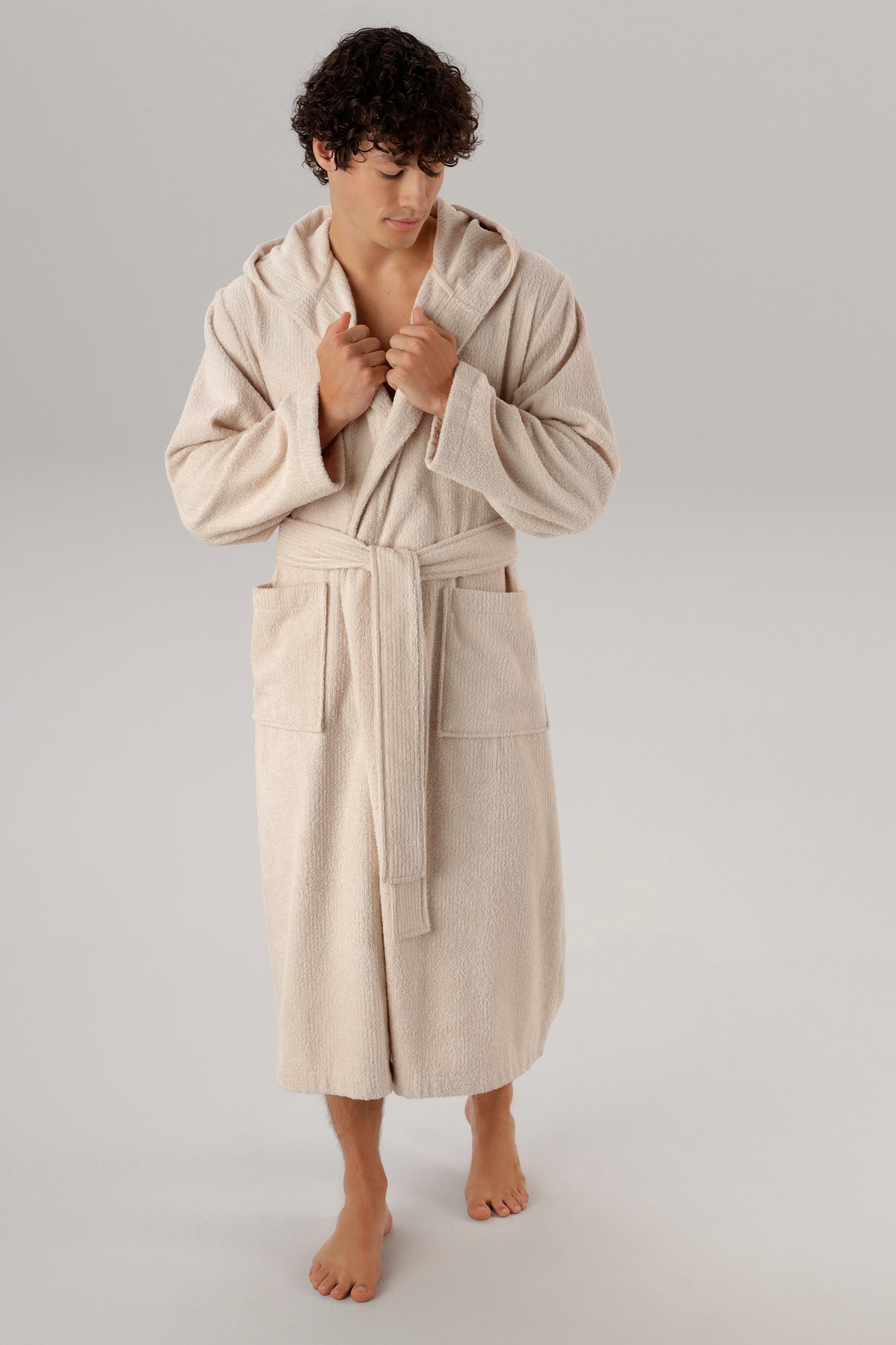 OTTO home Unisex-Bademantel Riva, für Damen & Herren, Standard & Premium Qualität, Langform, Walkfrottee, Kapuze, Gürtel, 100 % Baumwolle, Reise, Hotel, Sauna,  – Bild 5 von 5