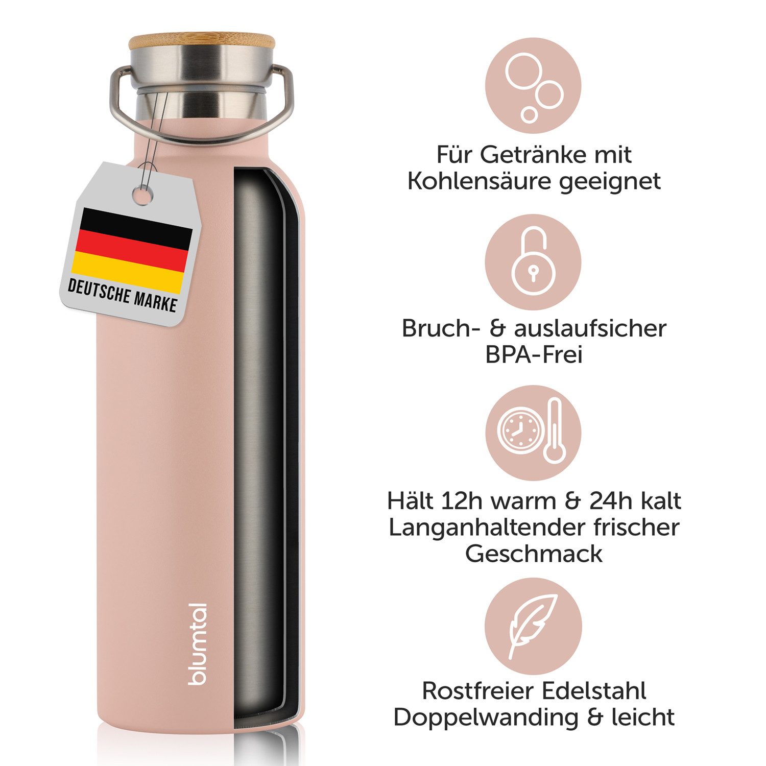 Blumtal Thermoflasche Thermosflasche 1L - doppelwandige Flasche Edelstahl 1L - BPA frei