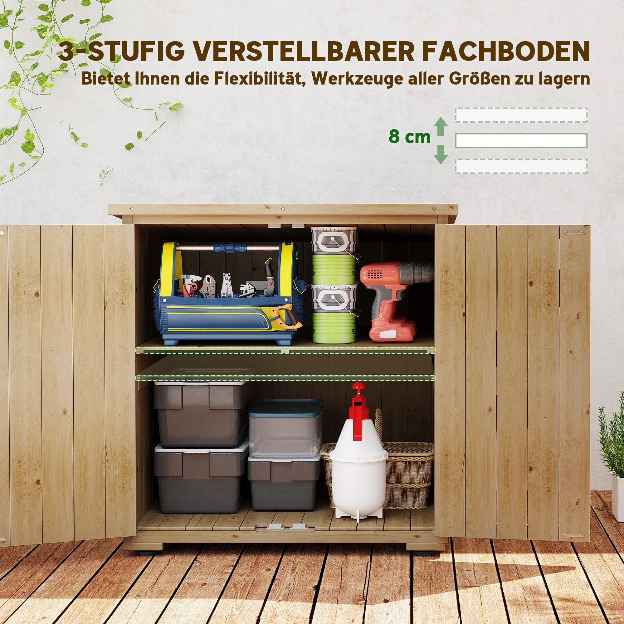Outsunny Garten-Geräteschrank Gartenschrank Holz, Geräteschrank, Outdoor wetterfest, BxT: 77.5x88 cm, (Gartenschuppen, 1 St., Holzschrank), für Garten, Balkon,  – Bild 4 von 5