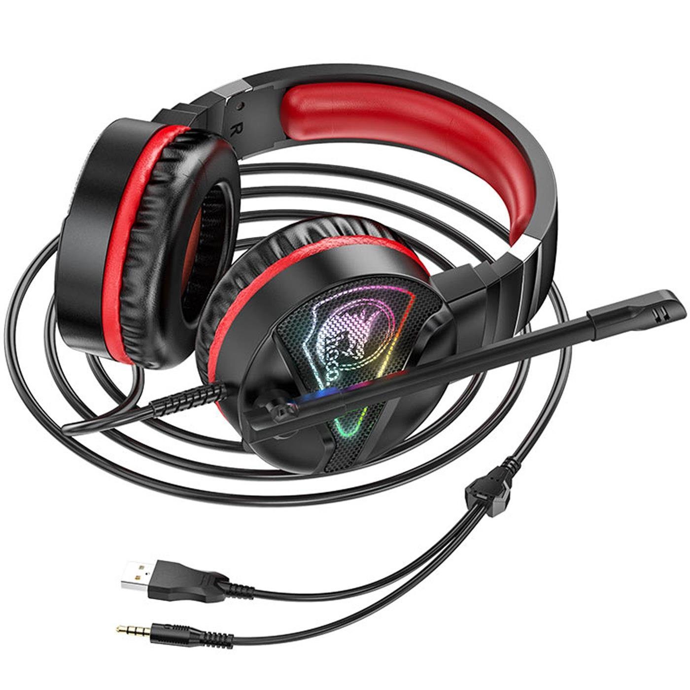 HOCO W104 Gaming PC-Headset (Stylische Beleuchtung) und Mikrofon Kopfhörer Stereo mit Gaming LED Rot