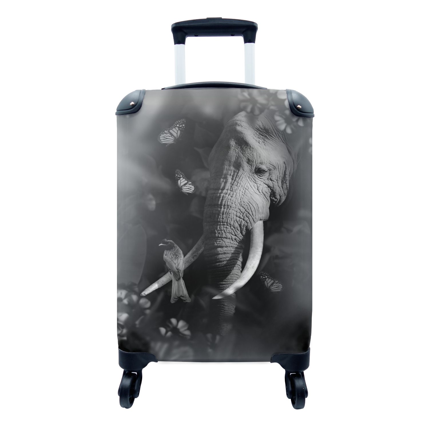 MuchoWow Handgepäckkoffer Porträt eines Elefanten und eines Vogels im Dschungel - schwarz und, 4 Rollen, Reisetasche mit rollen, Handgepäck für Ferien, Trolley, Reisekoffer