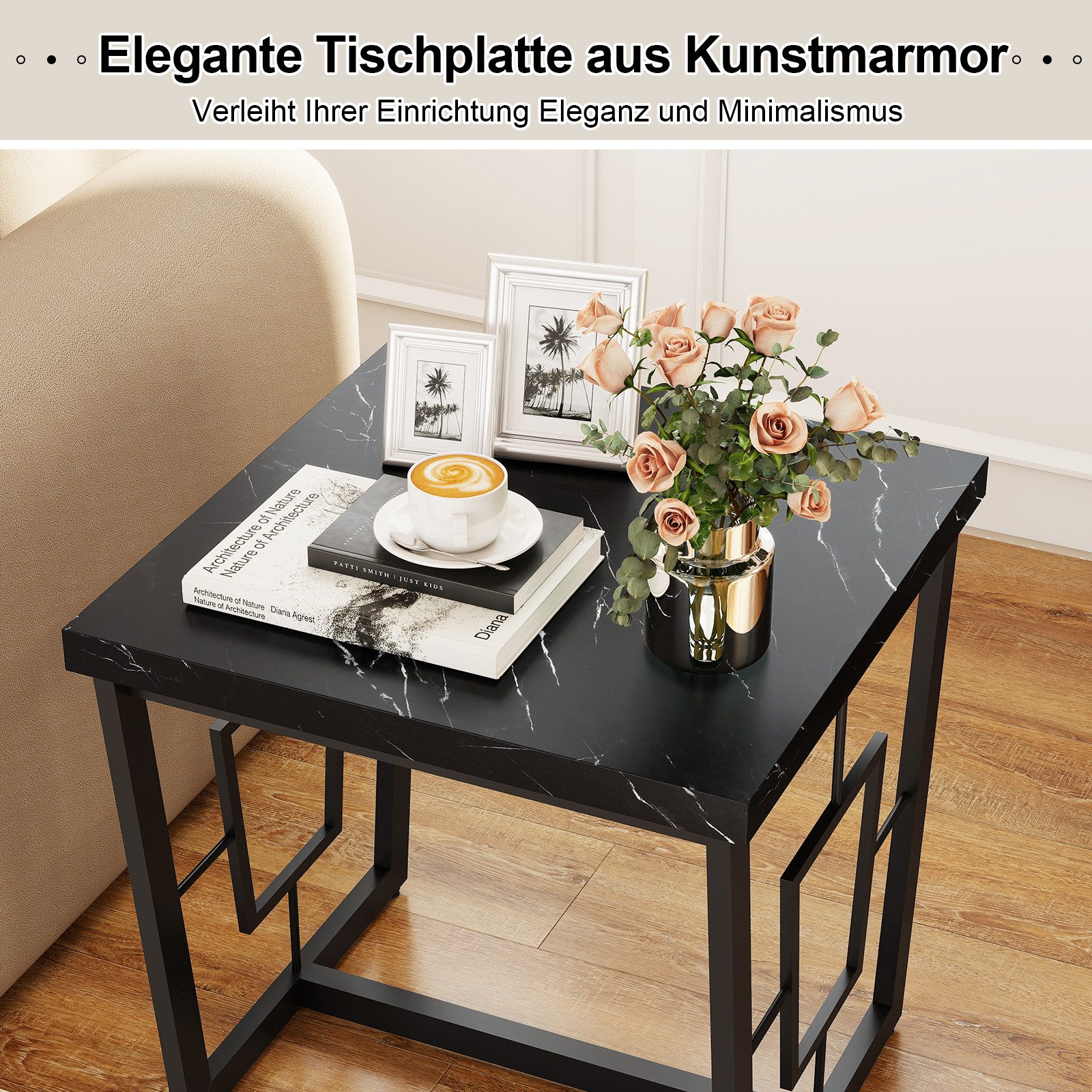 COSTWAY Beistelltisch, rechteckig Couchtisch klein Marmor Nachttisch schwarz