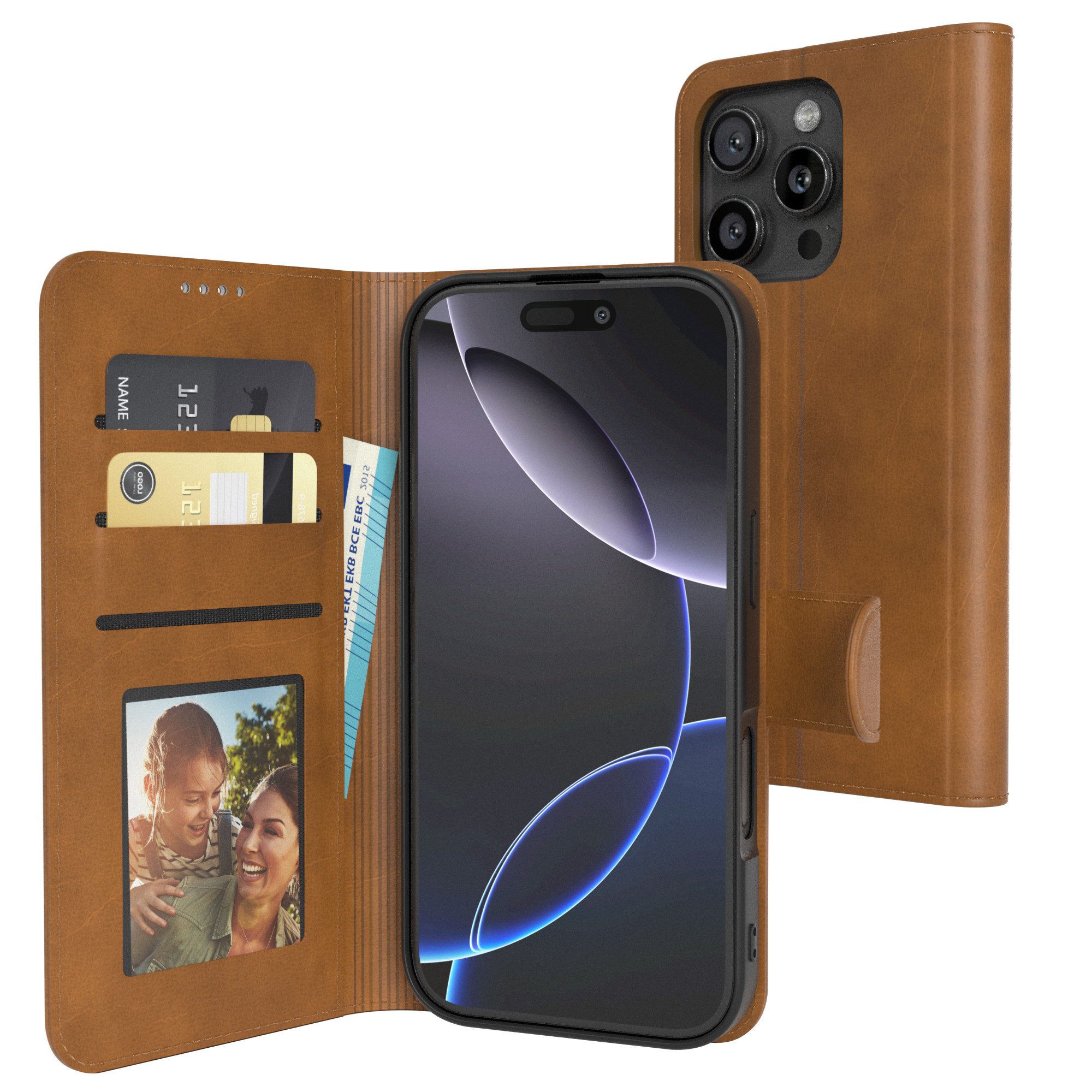 EAZY CASE Handyhülle Business Handyhülle Kartenfächer für iPhone 16 Pro 6,3 Zoll, Flipcase mit Sichtfenster für Foto Klapp Hülle Kartenetui Hellbraun