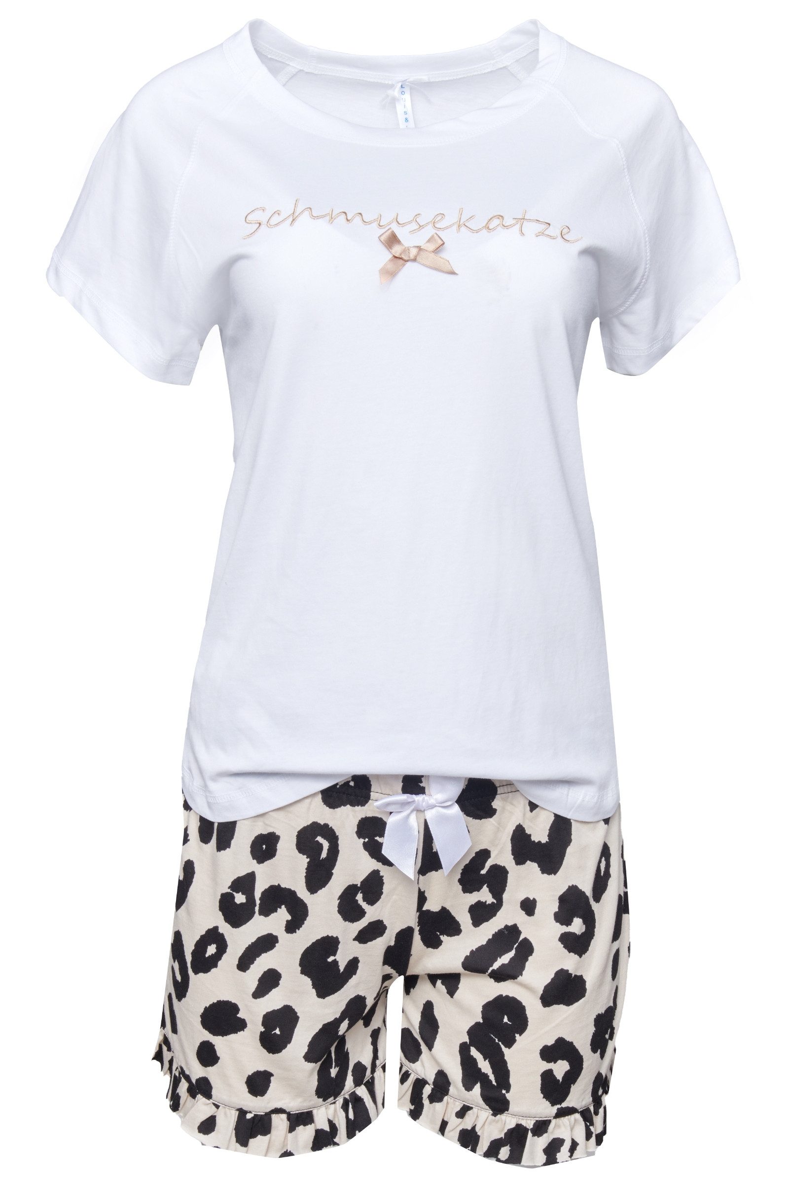 Louis & Louisa Schlafanzug Pyjama Damen - SCHMUSKATZE - weiß/leo